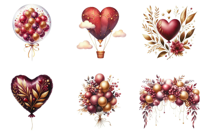 Burgundy and Gold Balloons Clipart Bundle - CraftNest - Digital Crafting and Art