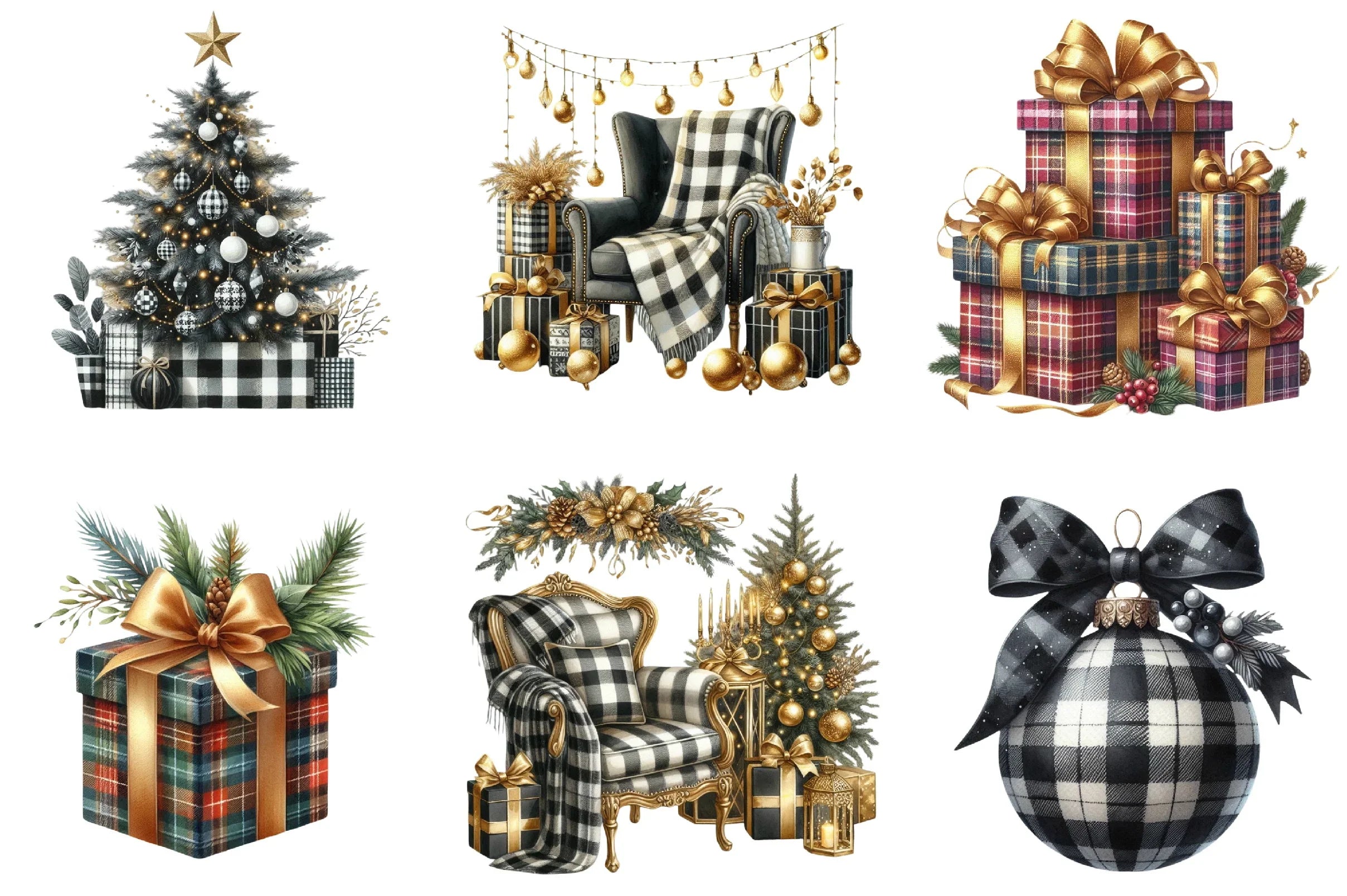 Luxury Plaid Black & White Christmas Clipart Bundle - CraftNest - Digital Crafting and Art