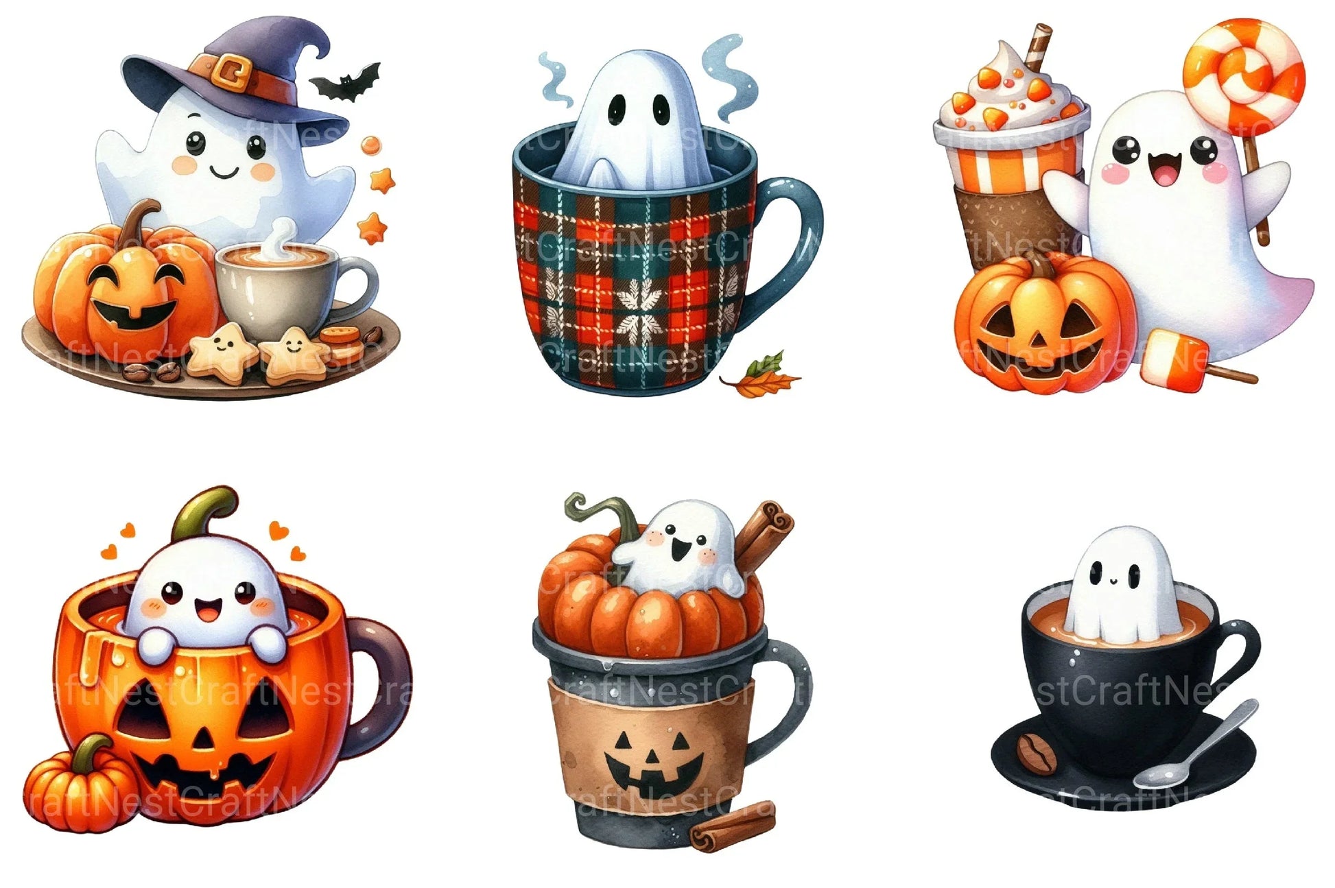 Cute Ghosts in Coffee Cup Halloween Clipart Bundle - CraftNest - Digital Crafting and Art