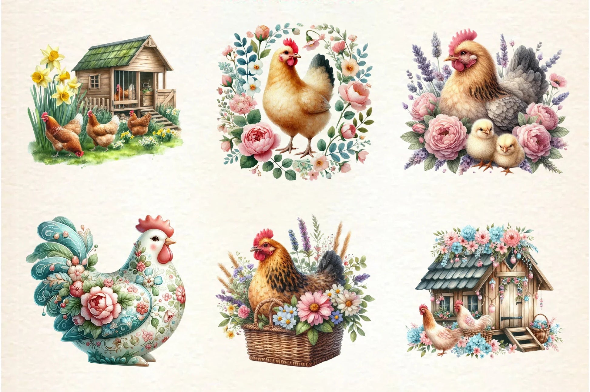 Vintage Spring Floral Chicken Clipart Bundle - CraftNest - Digital Crafting and Art
