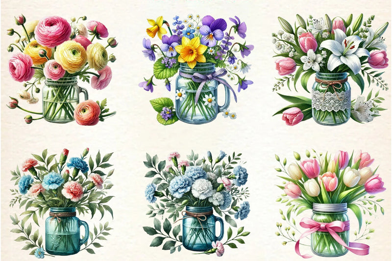 Spring Flower Bouquets in Jars Clipart Bundle - CraftNest - Digital Crafting and Art