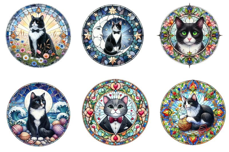 Round Stained Glass Tuxedo Cat Clipart Bundle - CraftNest - Digital Crafting and Art