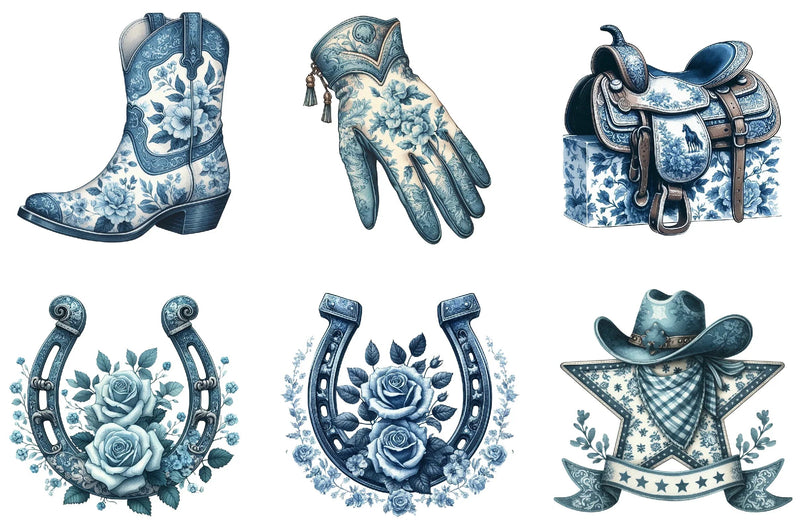 Blue Toile Cowgirl Clipart Bundle - CraftNest - Digital Crafting and Art