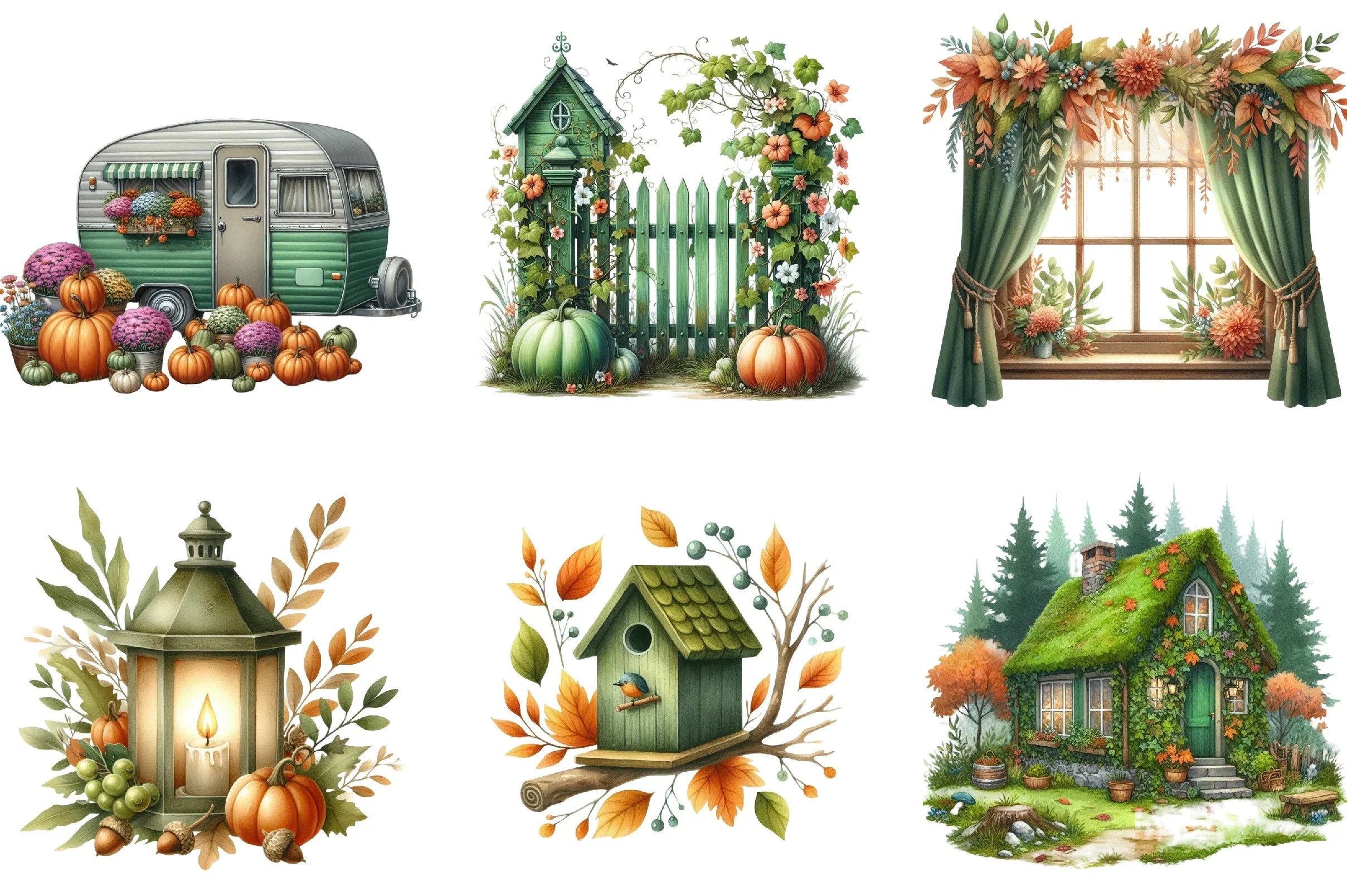 Green Autumn Cottage Clipart Bundle - CraftNest - Digital Crafting and Art