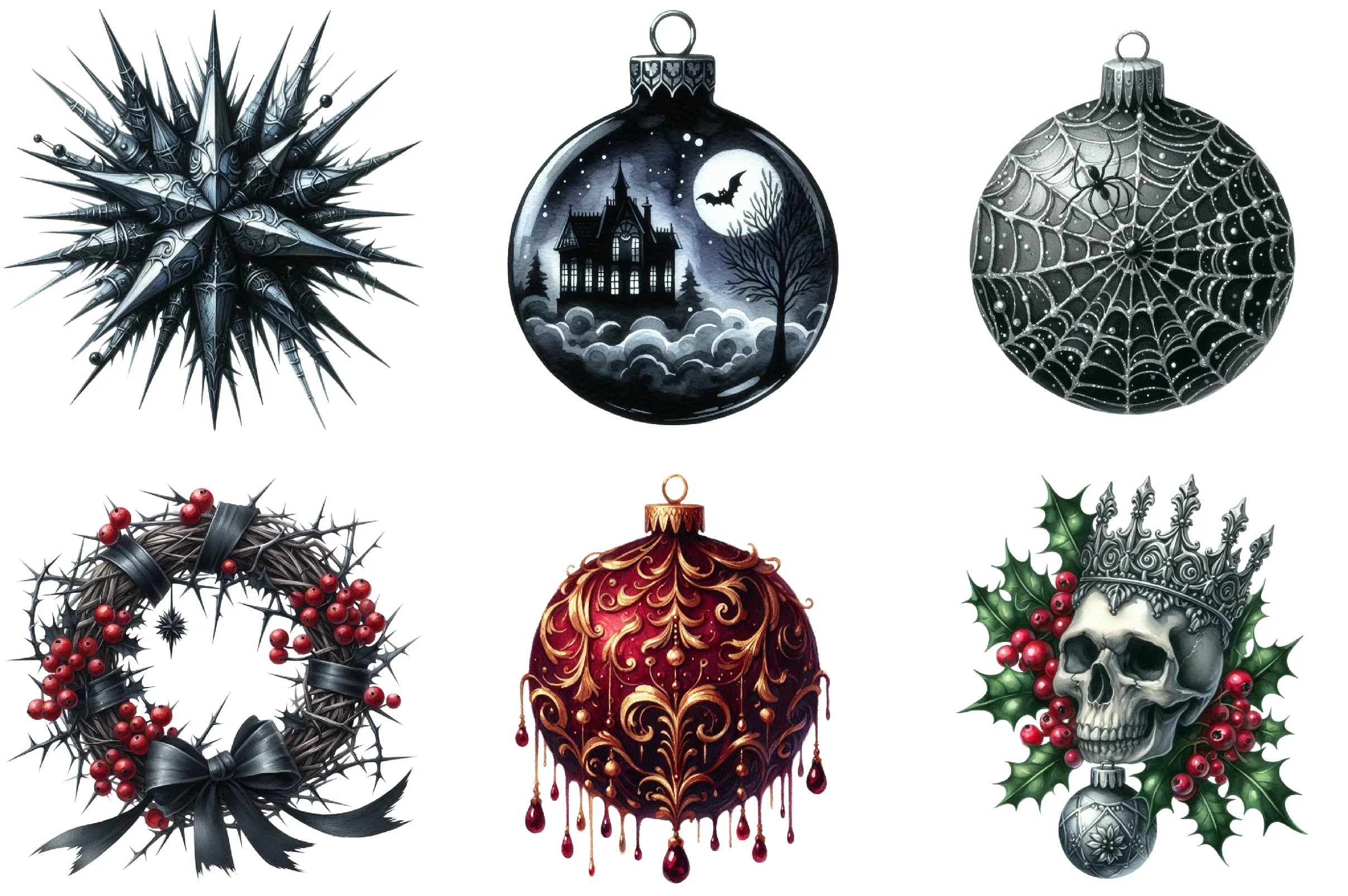 Gothic Christmas Ornaments Clipart Bundle - CraftNest - Digital Crafting and Art