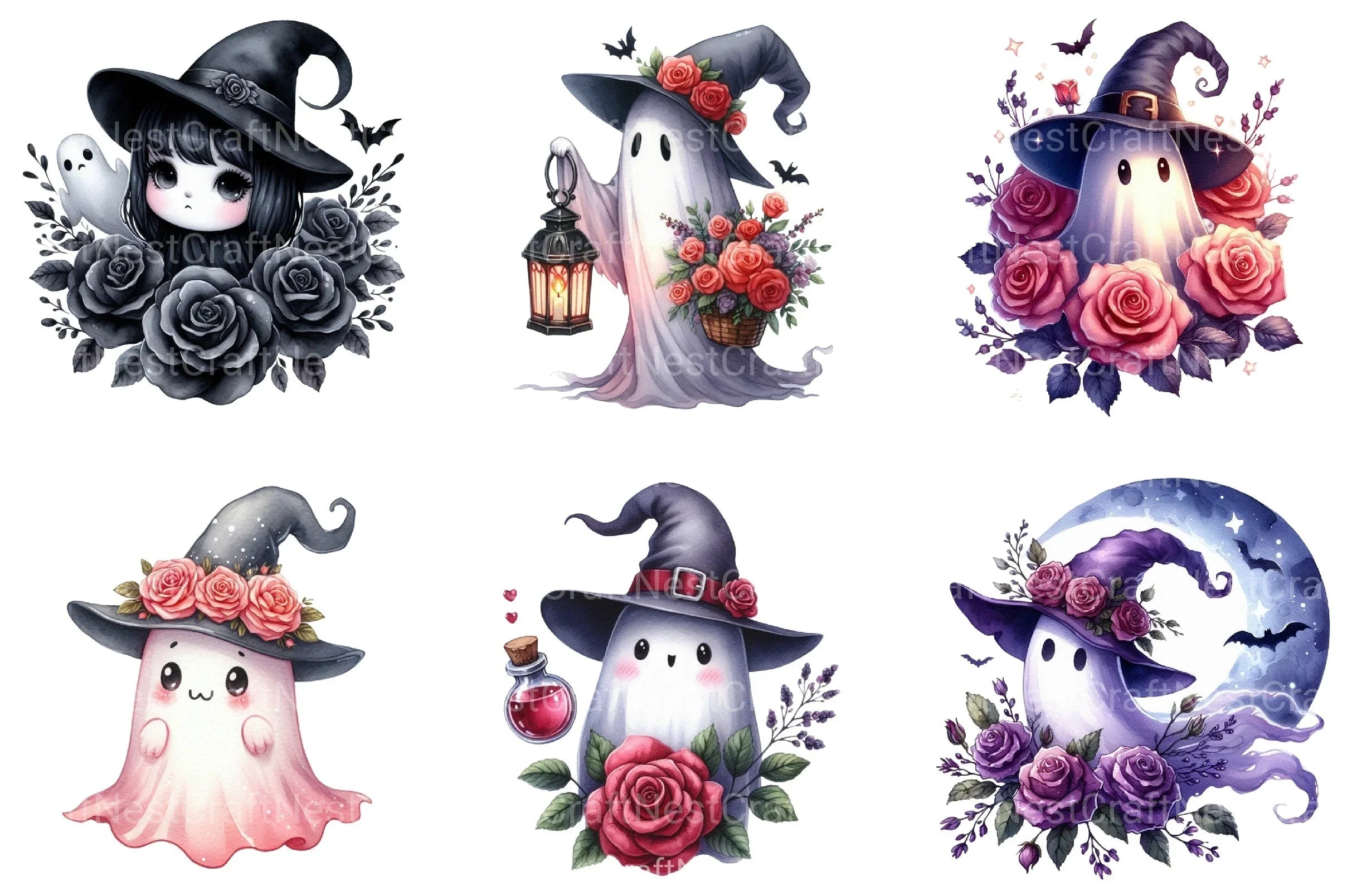 Witch Ghost & Roses Halloween Clipart Bundle - CraftNest - Digital Crafting and Art
