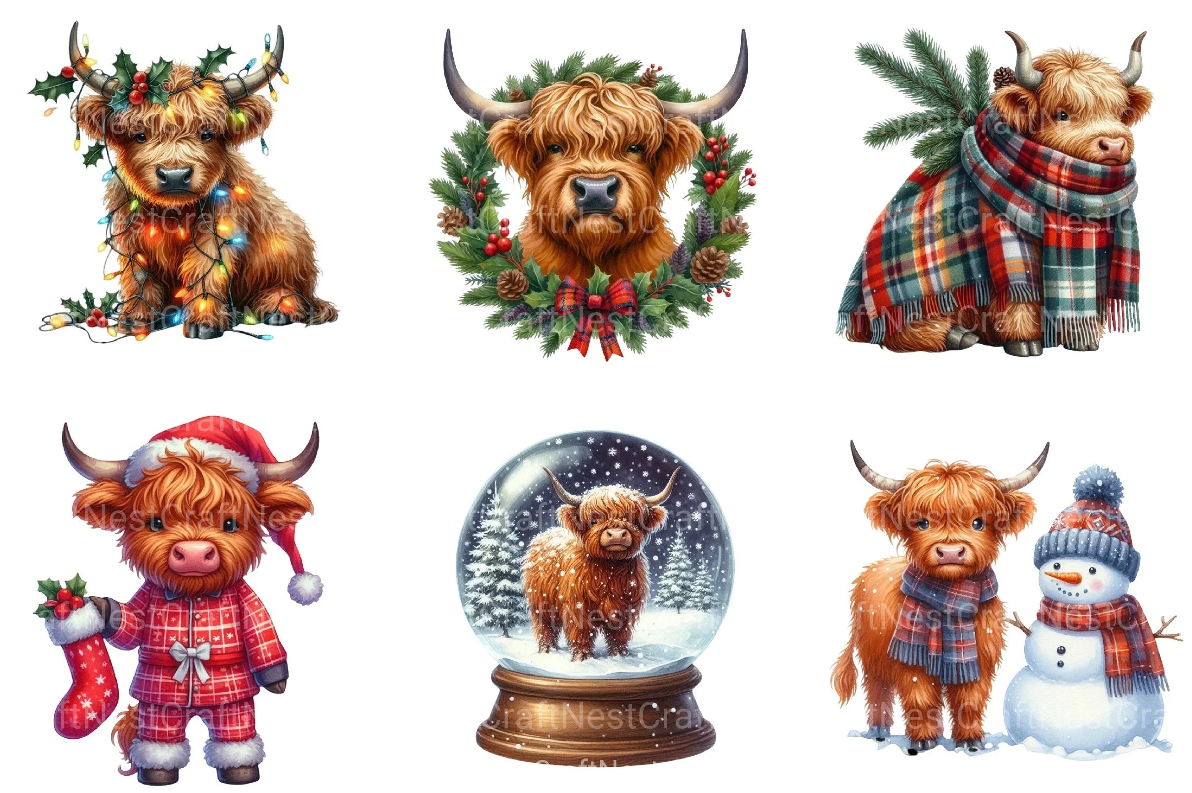 Christmas Highland Cow Clipart Bundle 99 - CraftNest - Digital Crafting and Art