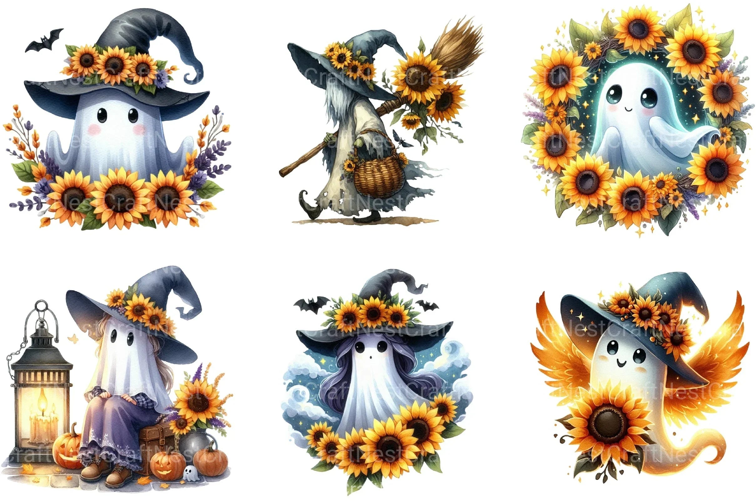 Witchy Sunflower Ghost Halloween Clipart Bundle - CraftNest - Digital Crafting and Art