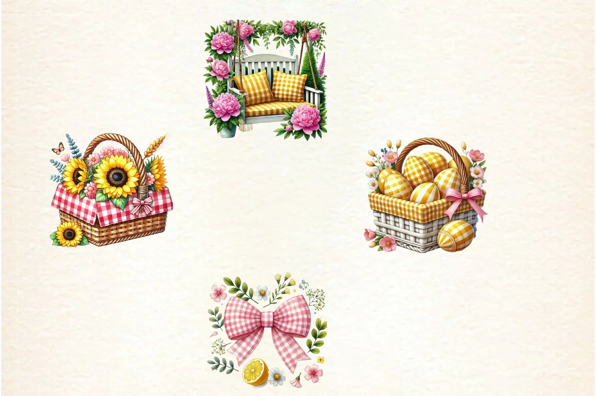 Yellow & Pink Gingham Spring Clipart Bundle - CraftNest - Digital Crafting and Art