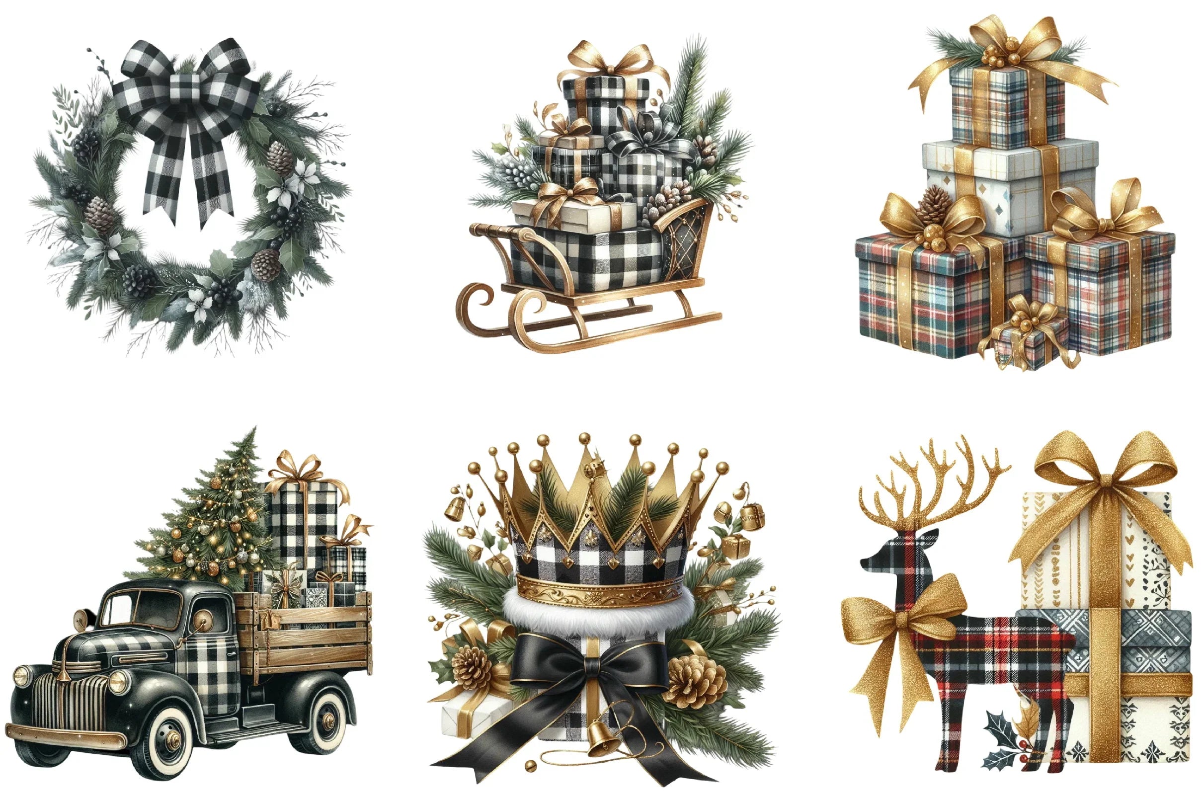 Luxury Plaid Black & White Christmas Clipart Bundle - CraftNest - Digital Crafting and Art