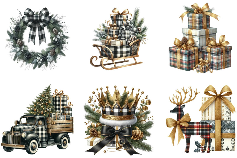 Luxury Plaid Black & White Christmas Clipart Bundle - CraftNest - Digital Crafting and Art
