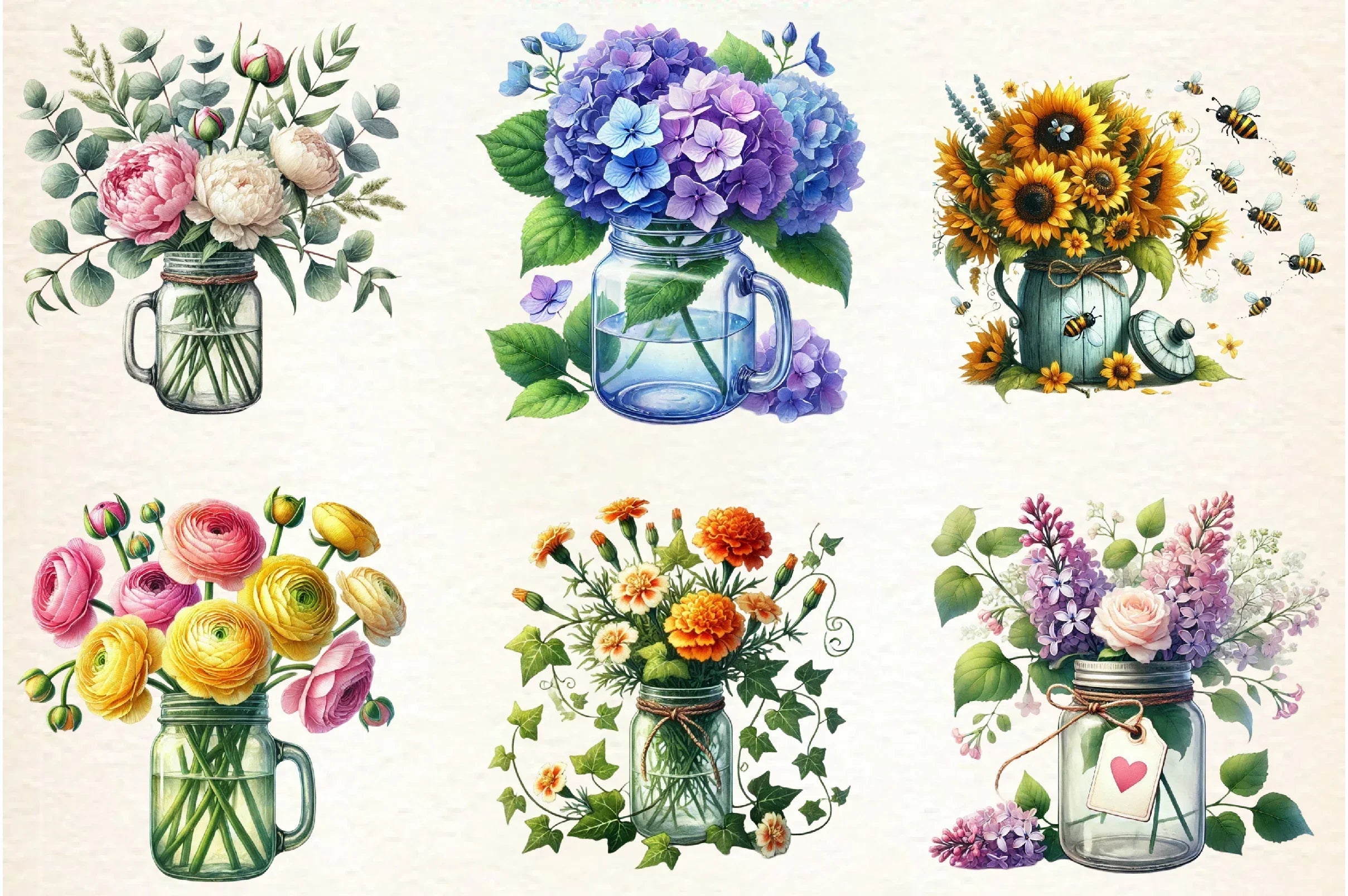 Spring Flower Bouquets in Jars Clipart Bundle - CraftNest - Digital Crafting and Art
