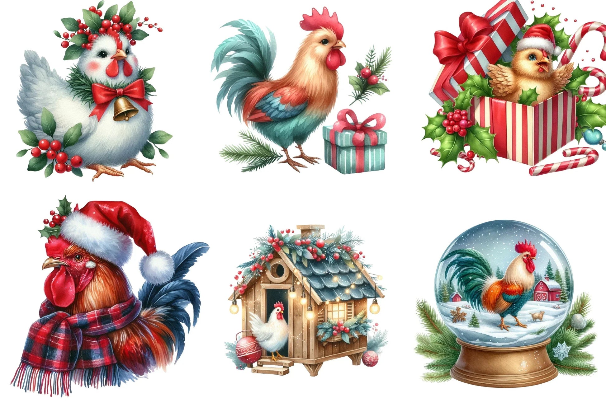 Christmas Rooster and Chicken Clipart Bundle - CraftNest - Digital Crafting and Art