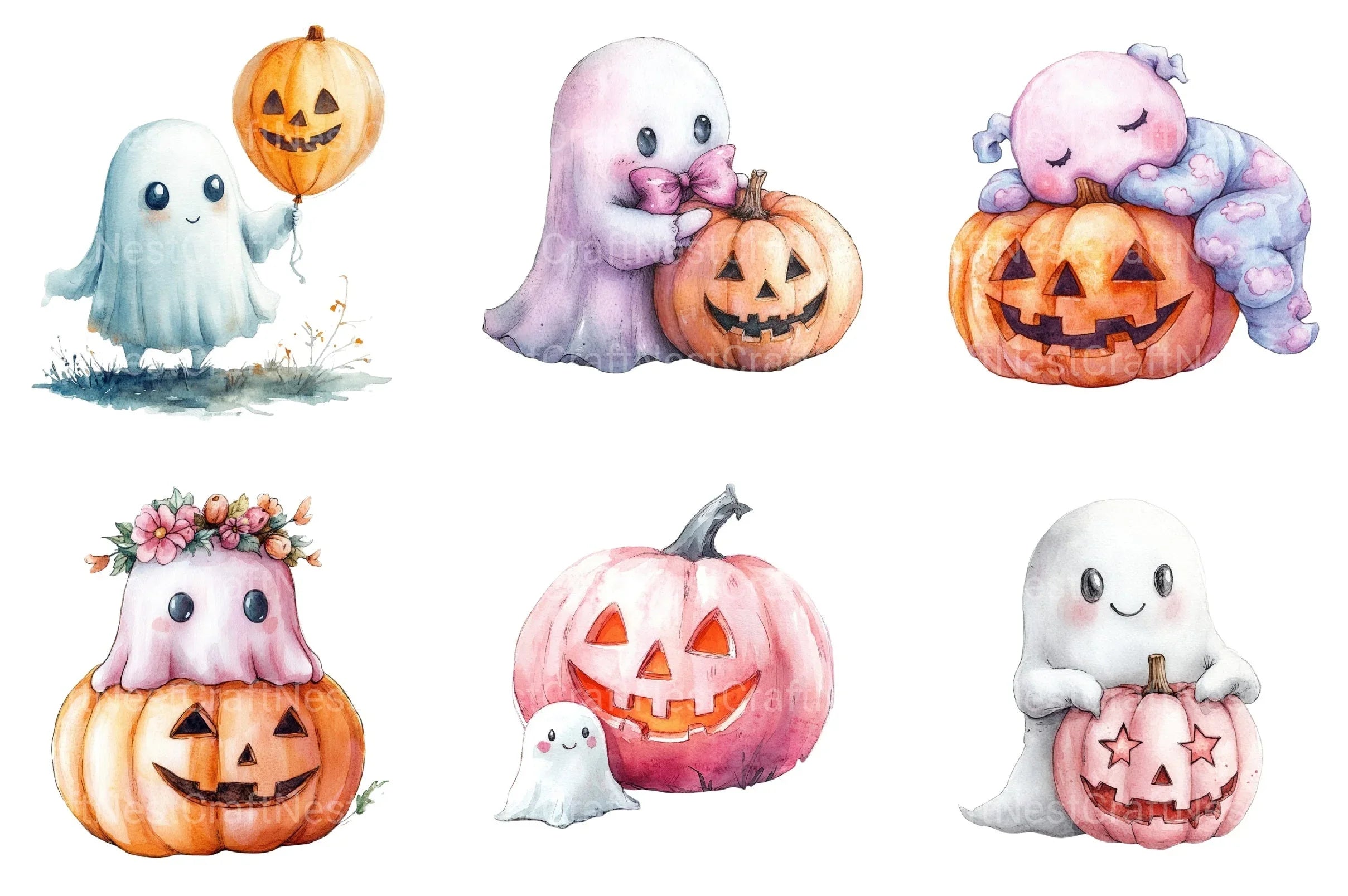 Cute Pink Ghost Pumpkin Halloween Clipart Bundle - CraftNest - Digital Crafting and Art