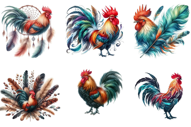 Boho Rooster Colored Feathers Clipart Bundle - CraftNest - Digital Crafting and Art
