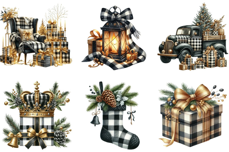 Luxury Plaid Black & White Christmas Clipart Bundle - CraftNest - Digital Crafting and Art