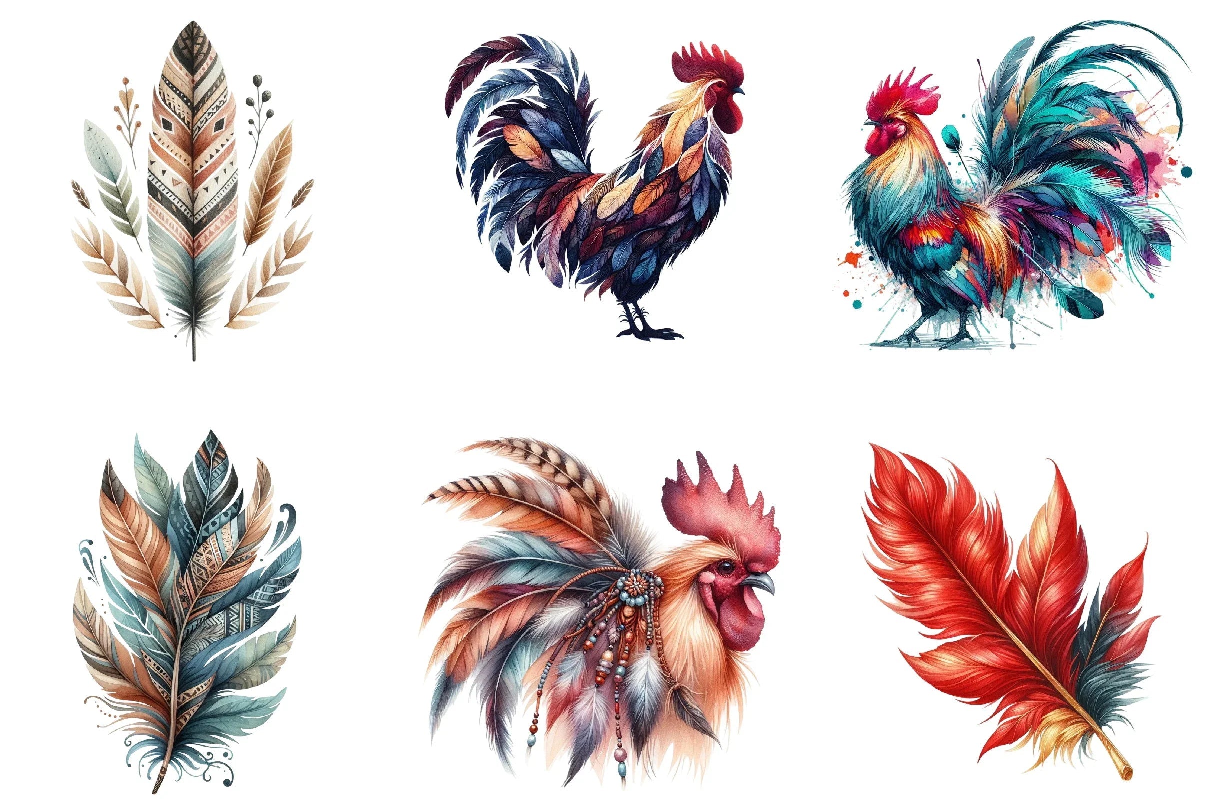 Boho Rooster Colored Feathers Clipart Bundle - CraftNest - Digital Crafting and Art