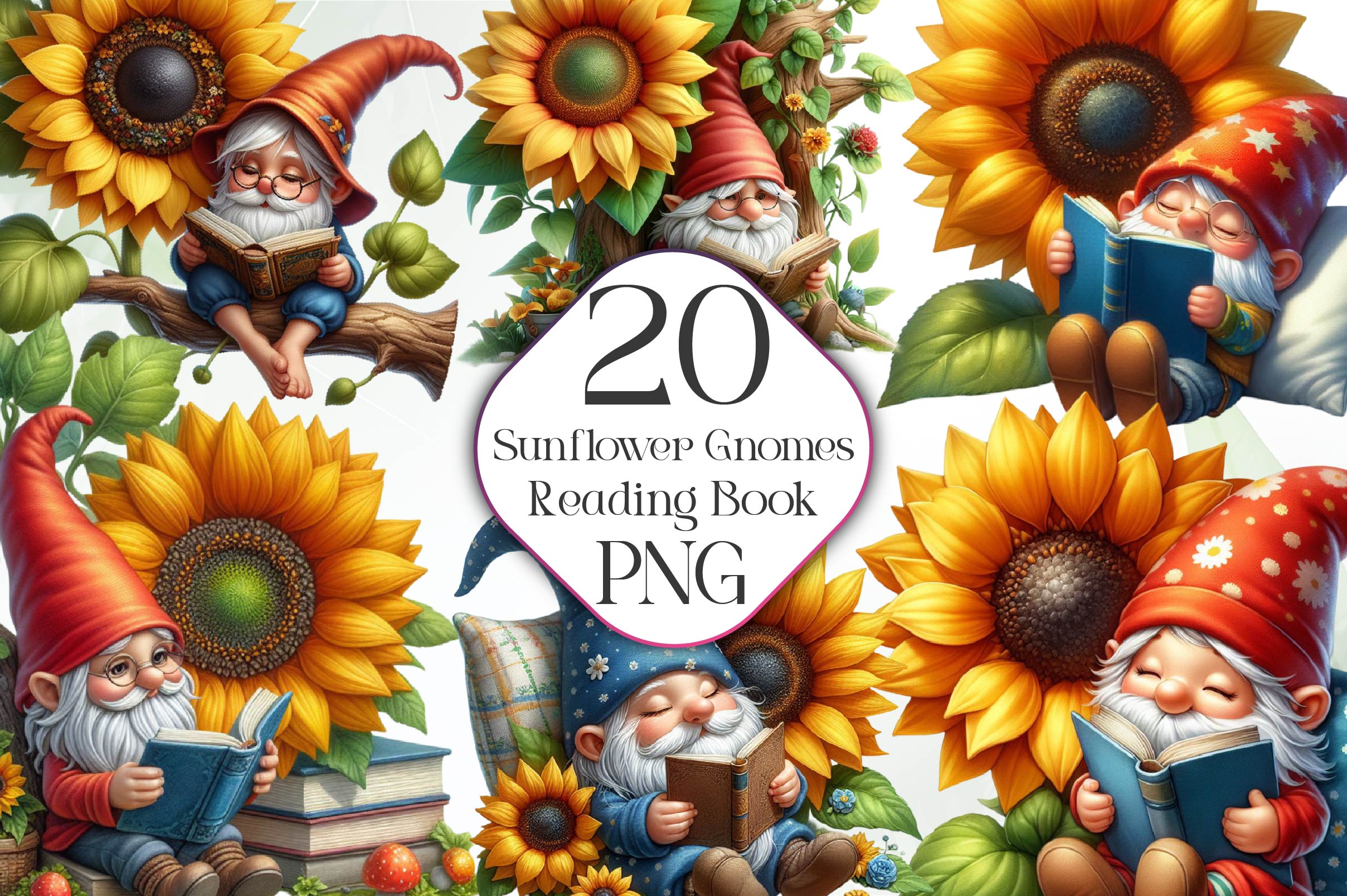 Sunflower Gnomes Reading Book Clipart Bundle
