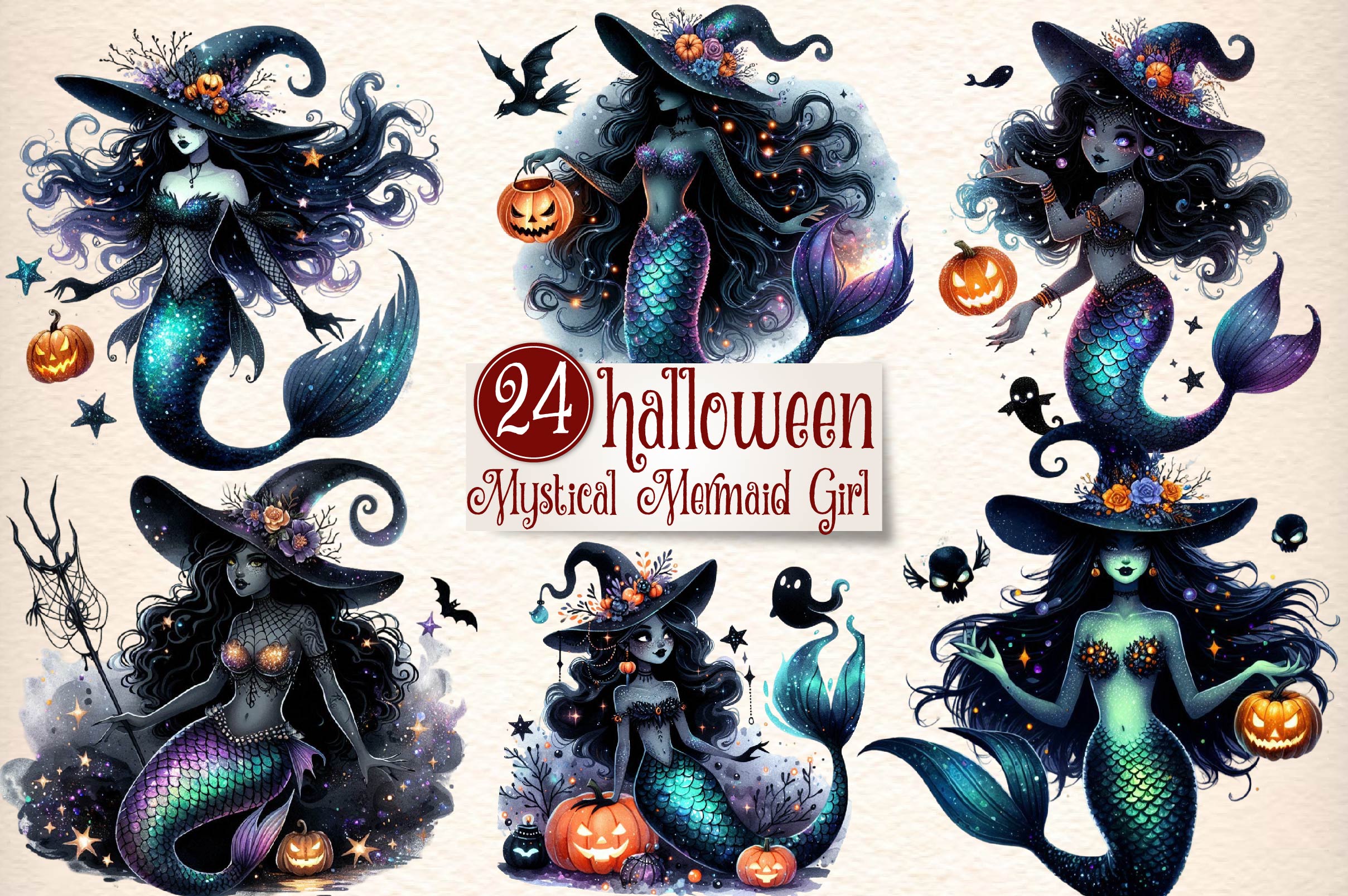 Halloween Mystical Mermaid Girl Clipart Bundle