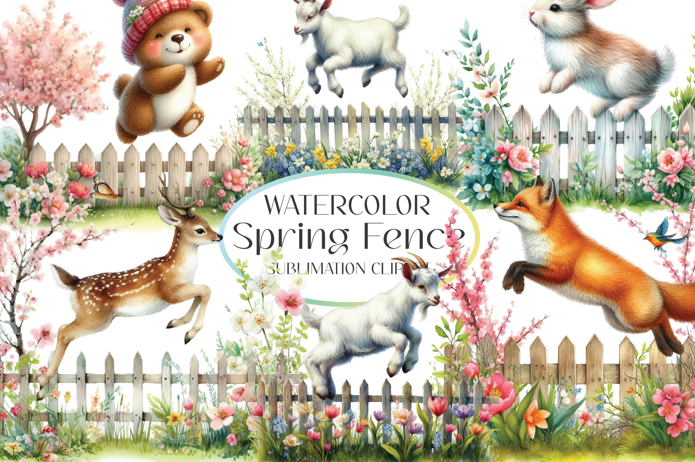 Spring Fence Flowers Clipart Bundle