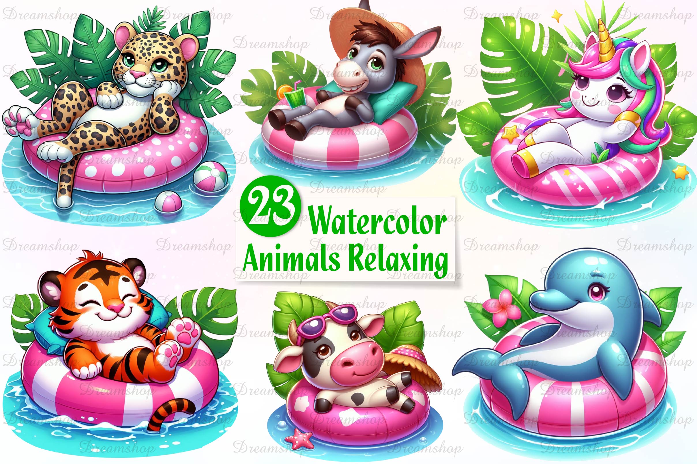 Pink Animals Relaxing On Swimming Float Clipart Bundle