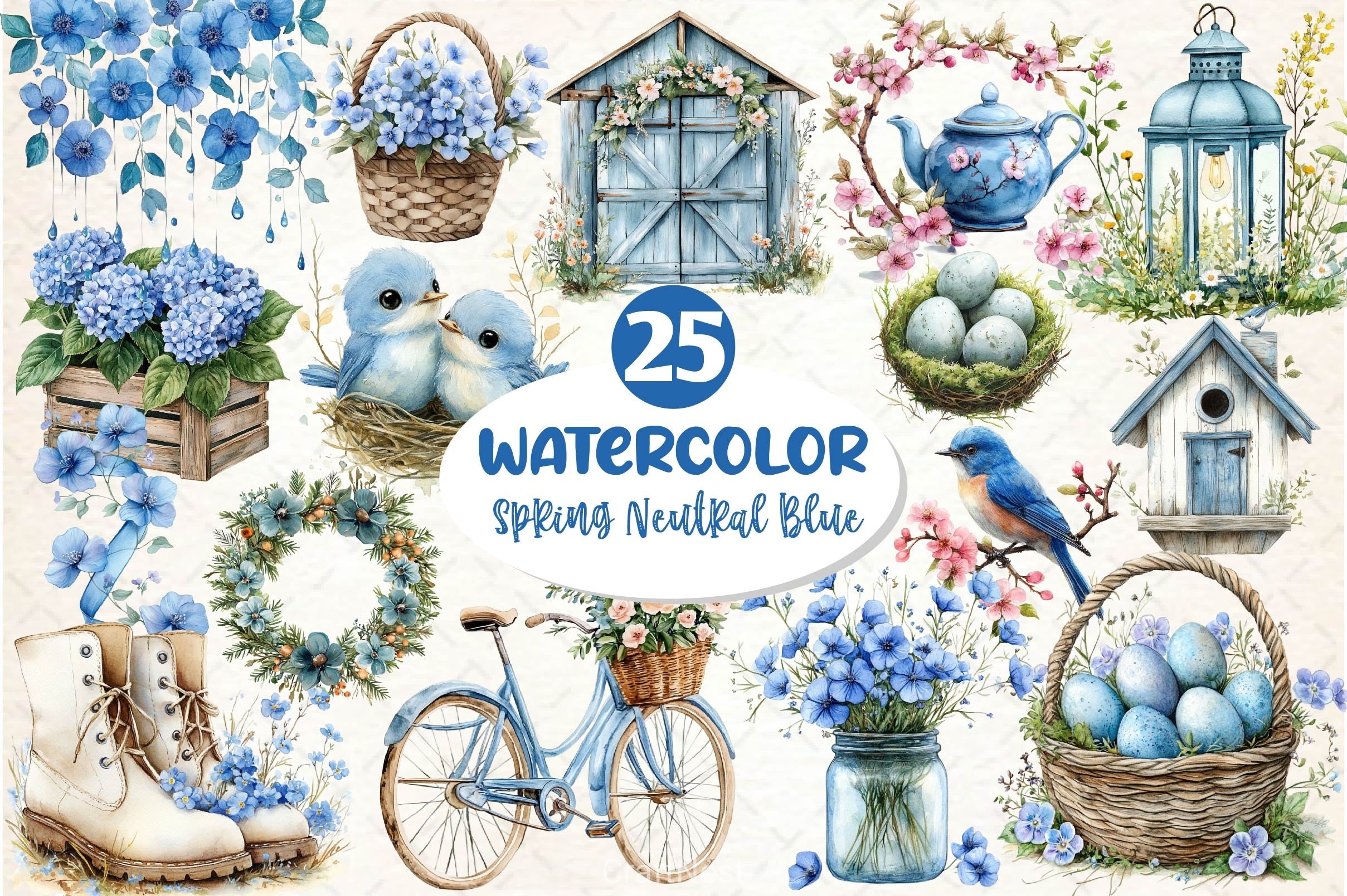 Spring Neutral Blue Clipart Bundle