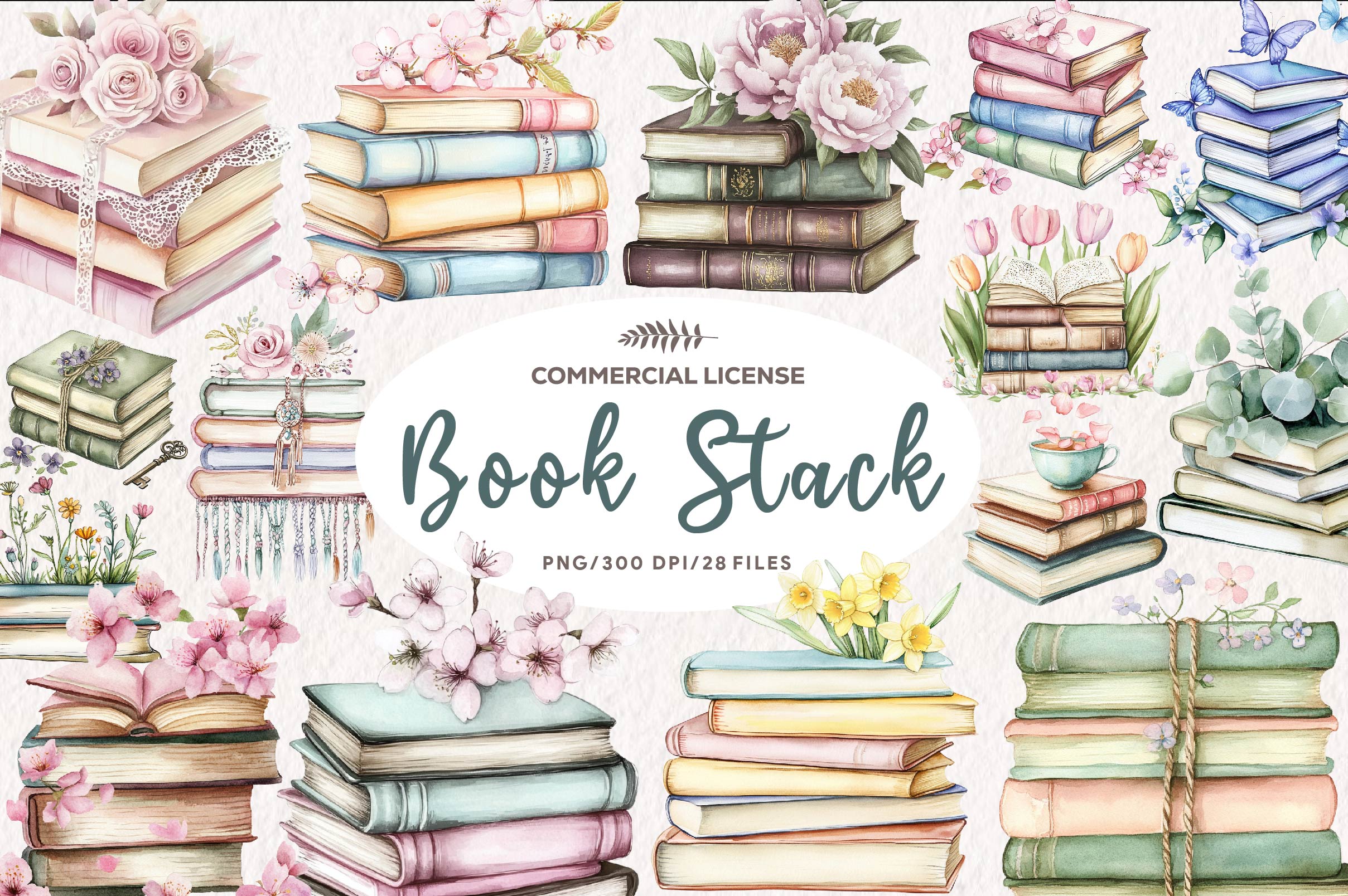 Spring Stack Of Floral Book Clipart Bundle 1