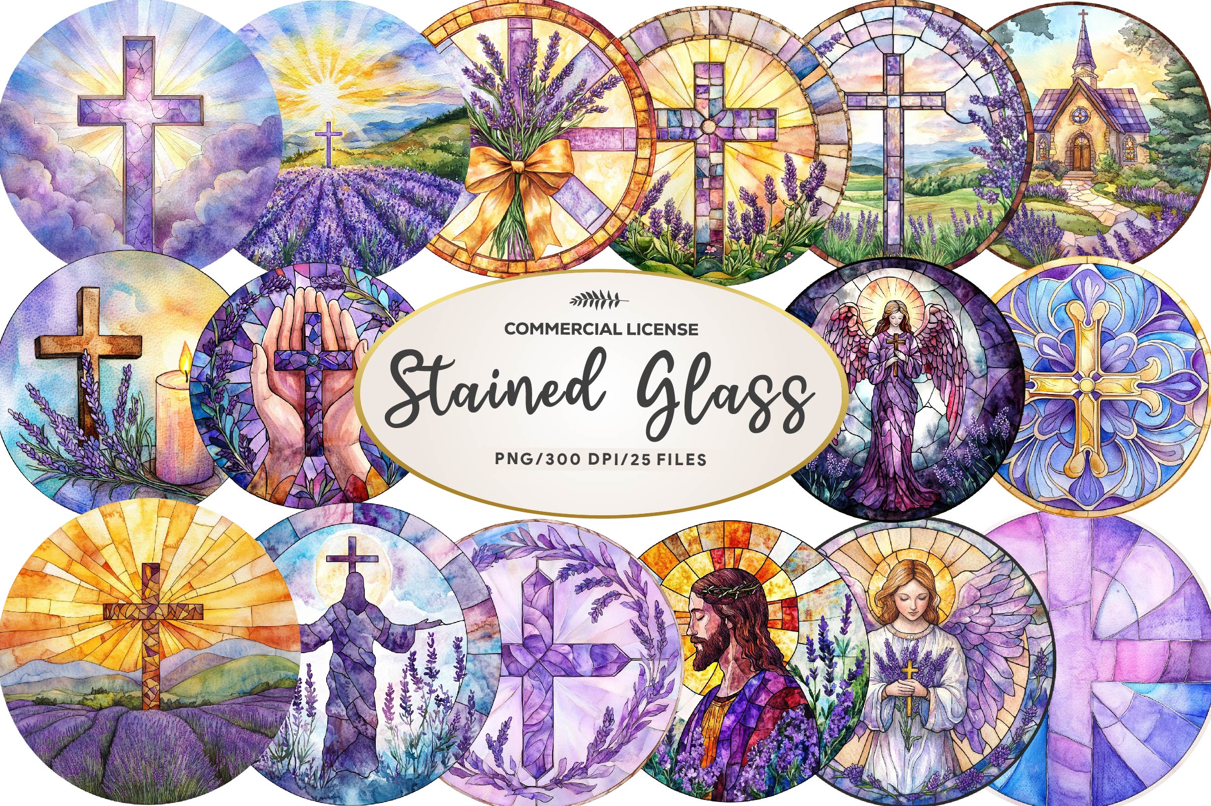 Round Lavender Blessing & Cross Stained Glass Clipart Bundle