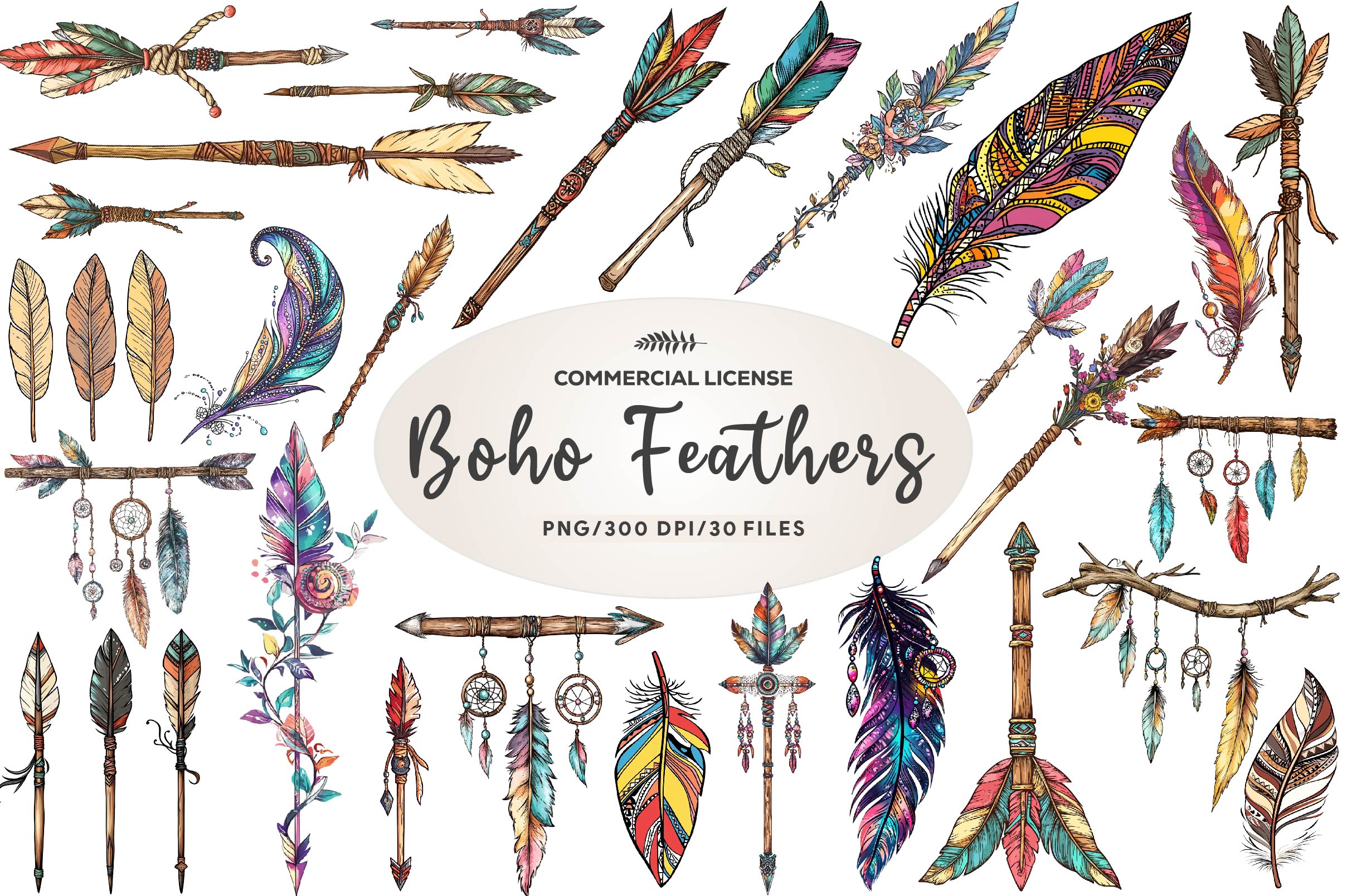 Rustic Boho Feathers & Arrows Clipart Bundle