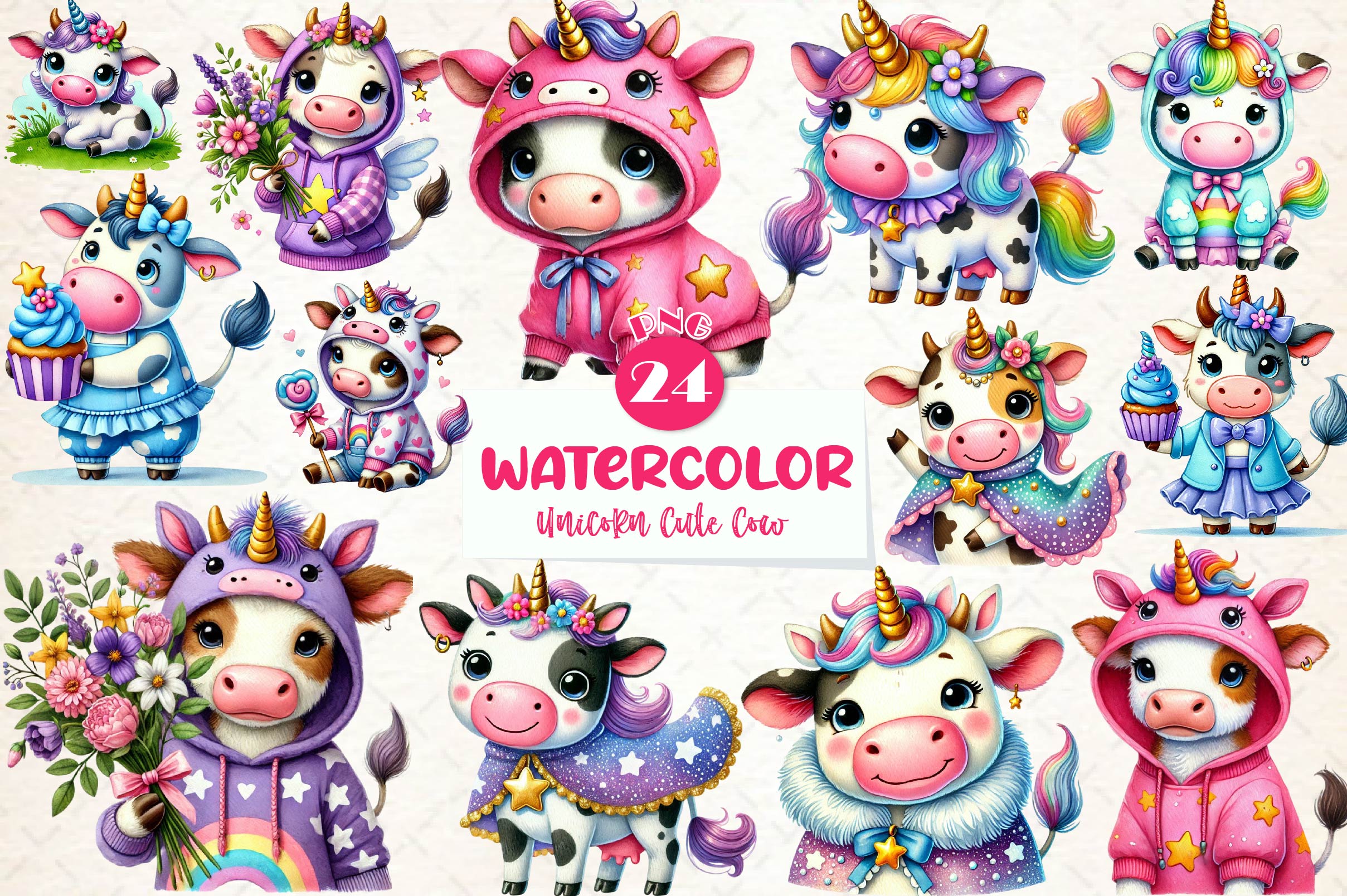 Unicorn Cute Cow Clipart Bundle