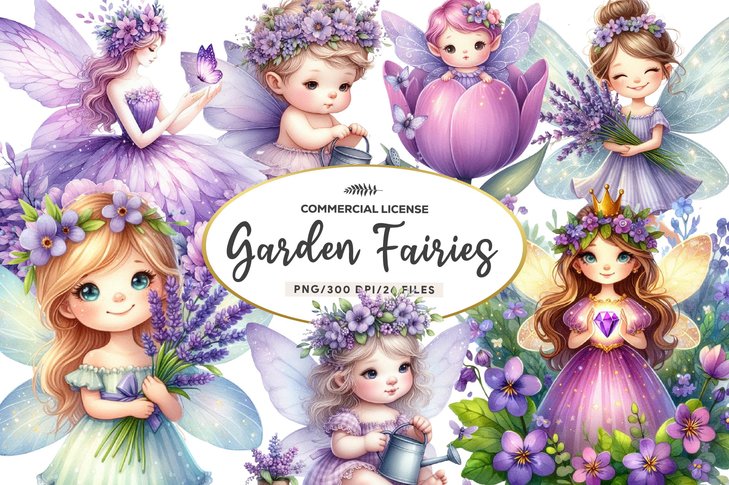 Garden Purple Fairies Clipart Bundle