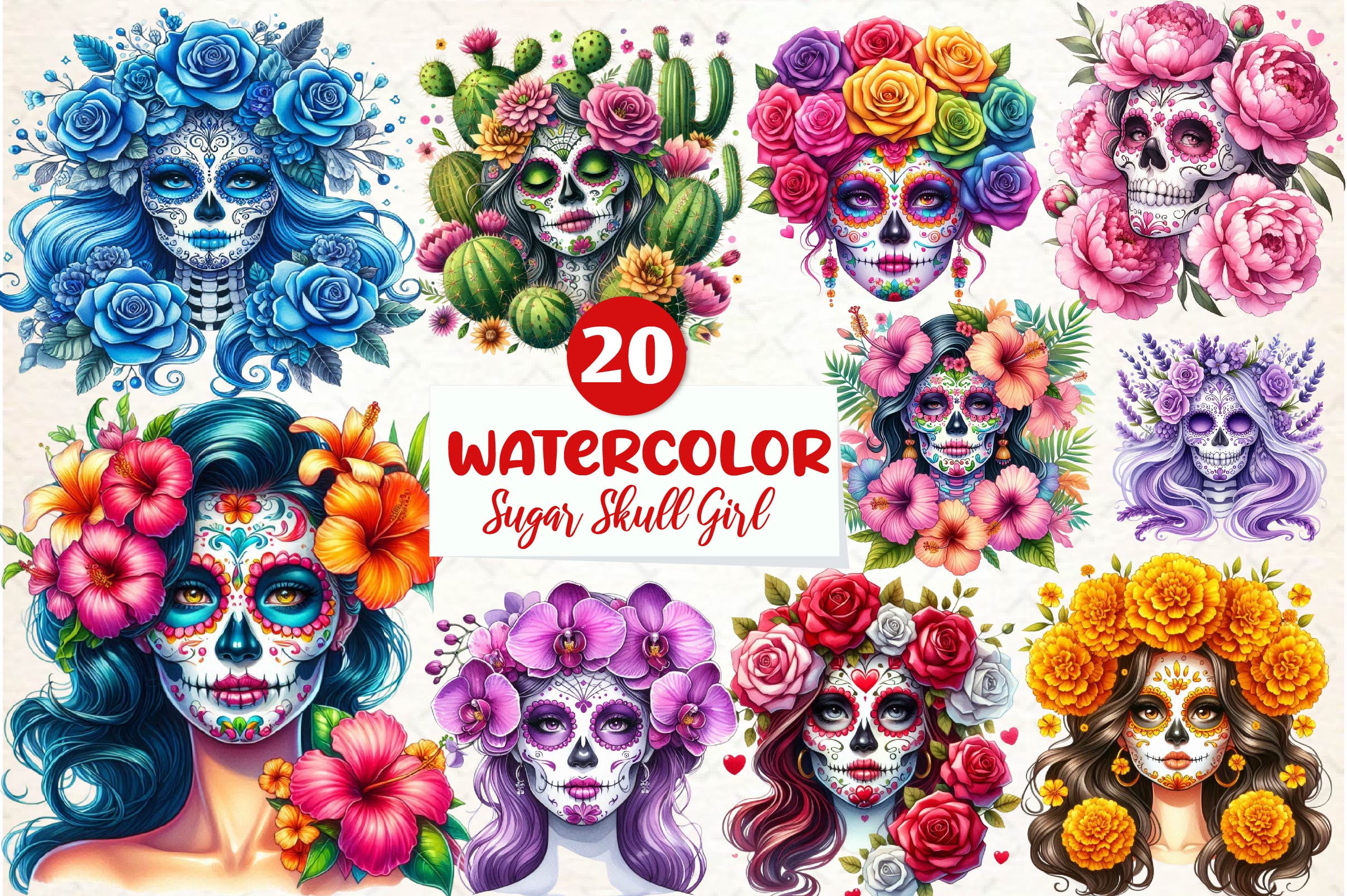 Flowers Sugar Skull Girl Clipart Bundle