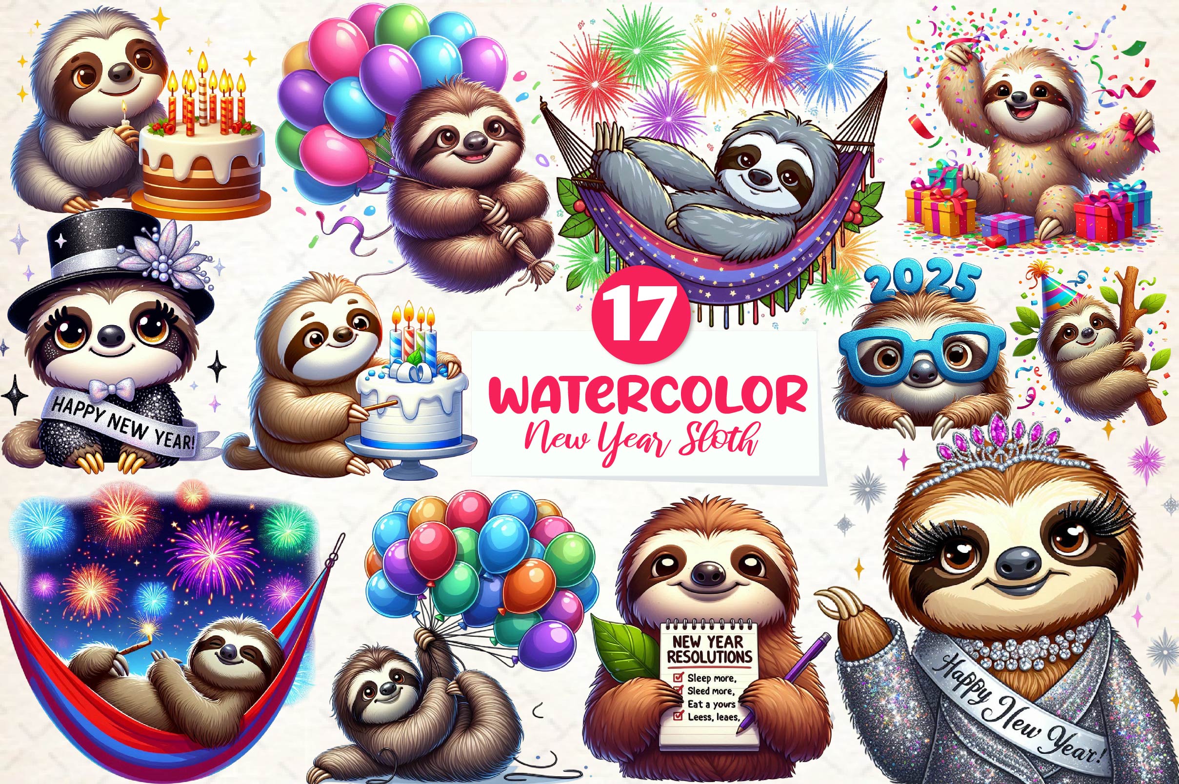 Happy New Year Sloth Clipart Bundle