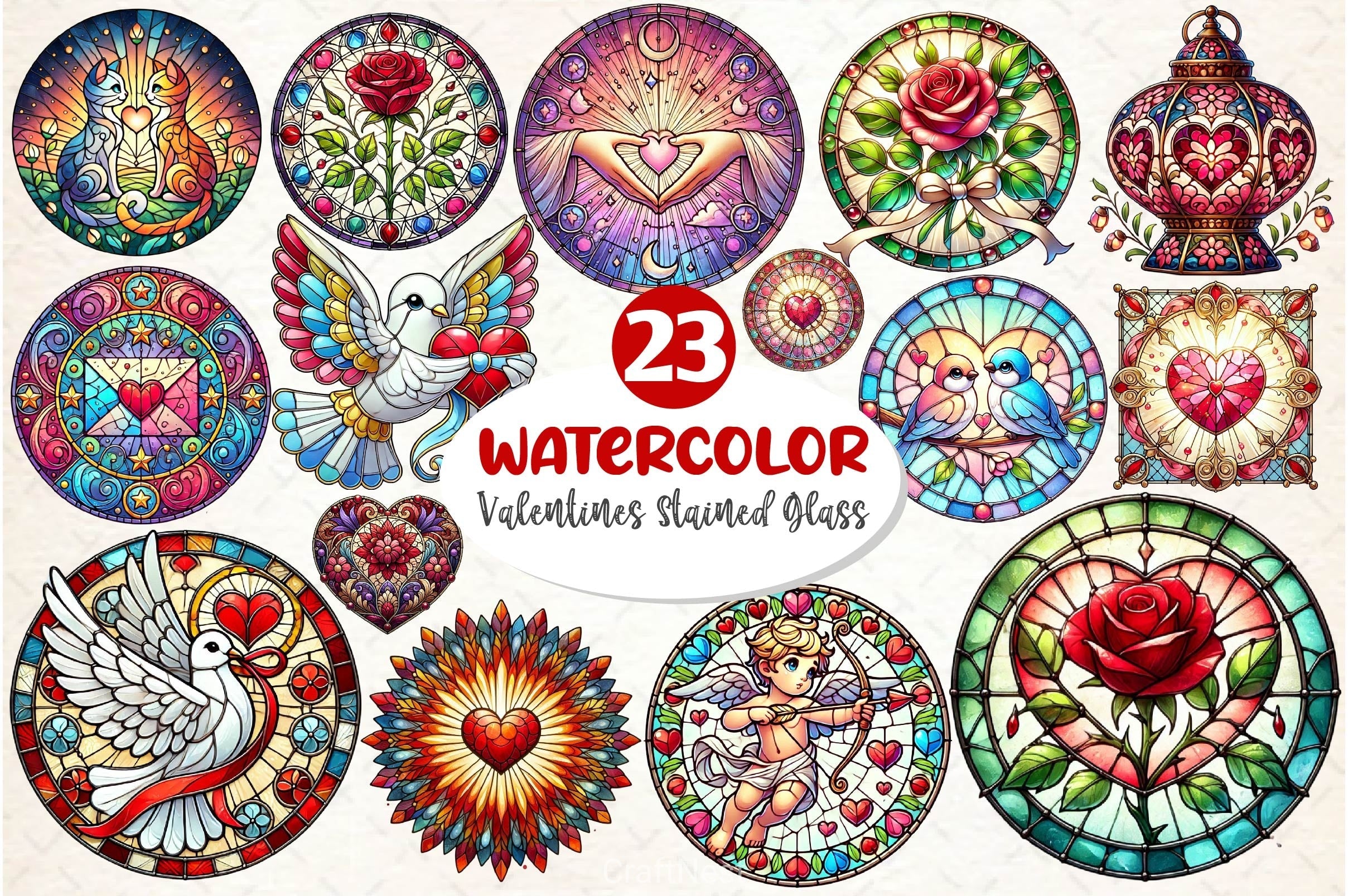 Valentines Day Stained Glass Clipart Bundle