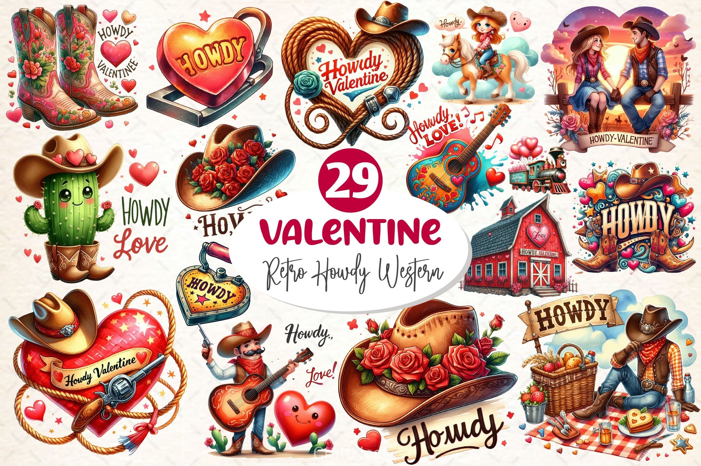 Retro Howdy Western Valentines Day Clipart Bundle 4