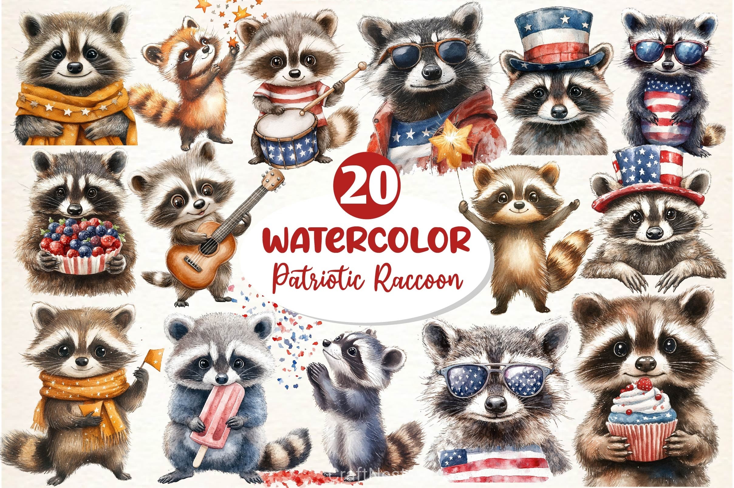 Cartoonish Patriotic Raccoon Clipart Bundle