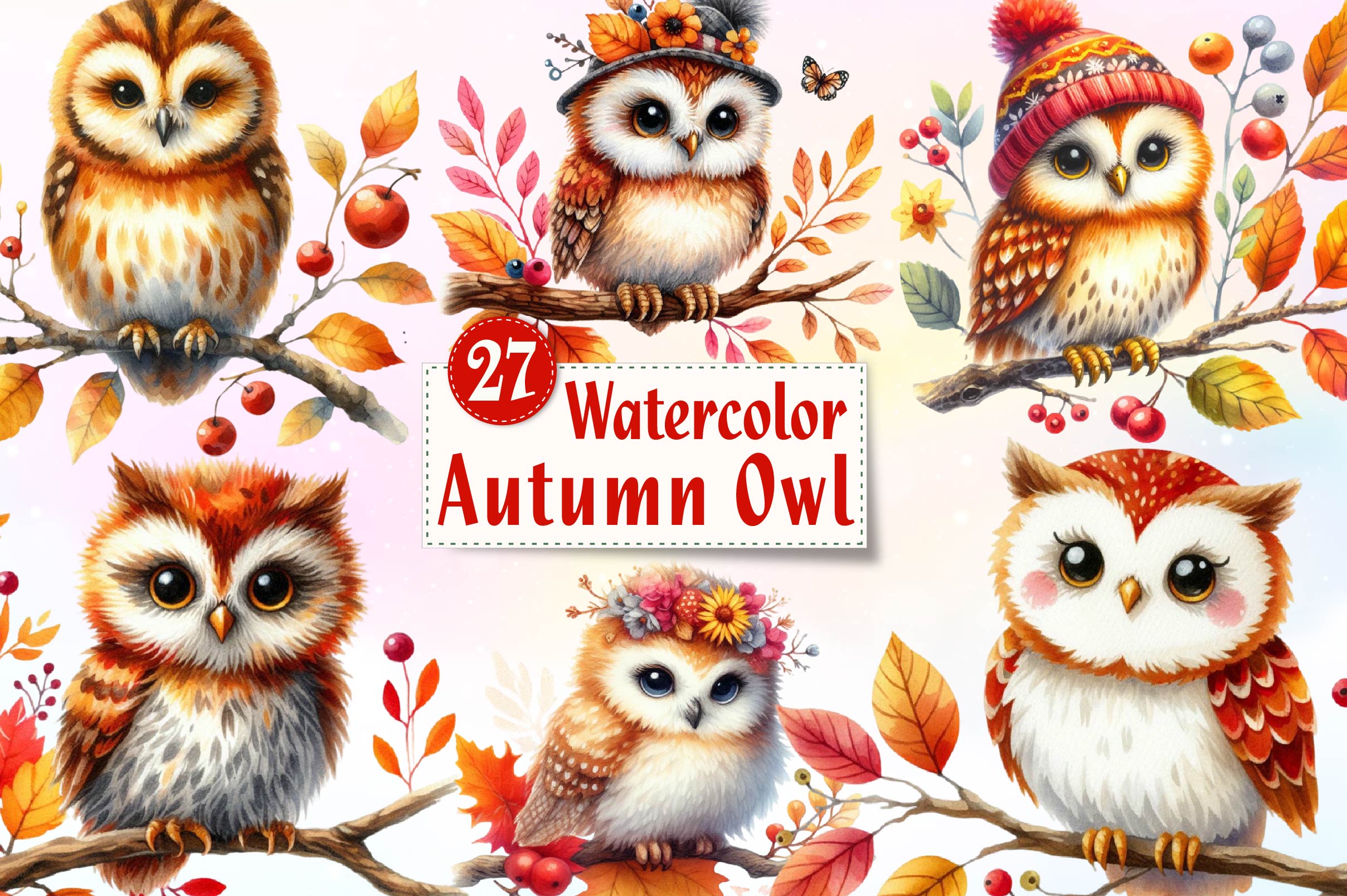 Cute Autumn Owl Clipart Bundle