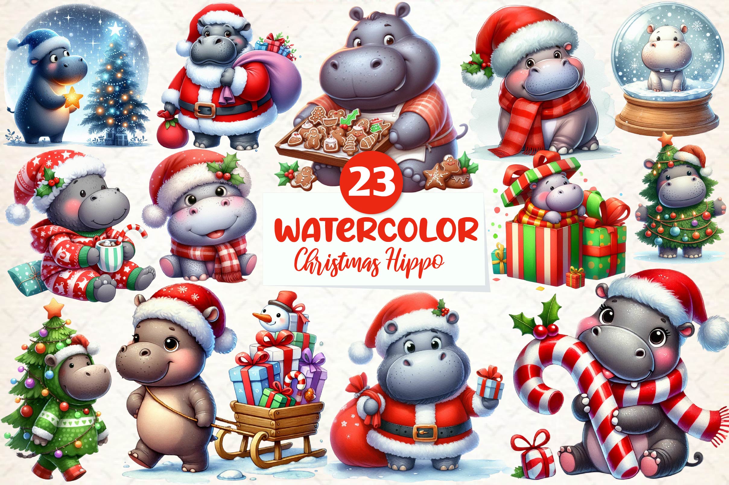 Christmas Hippo Clipart Bundle