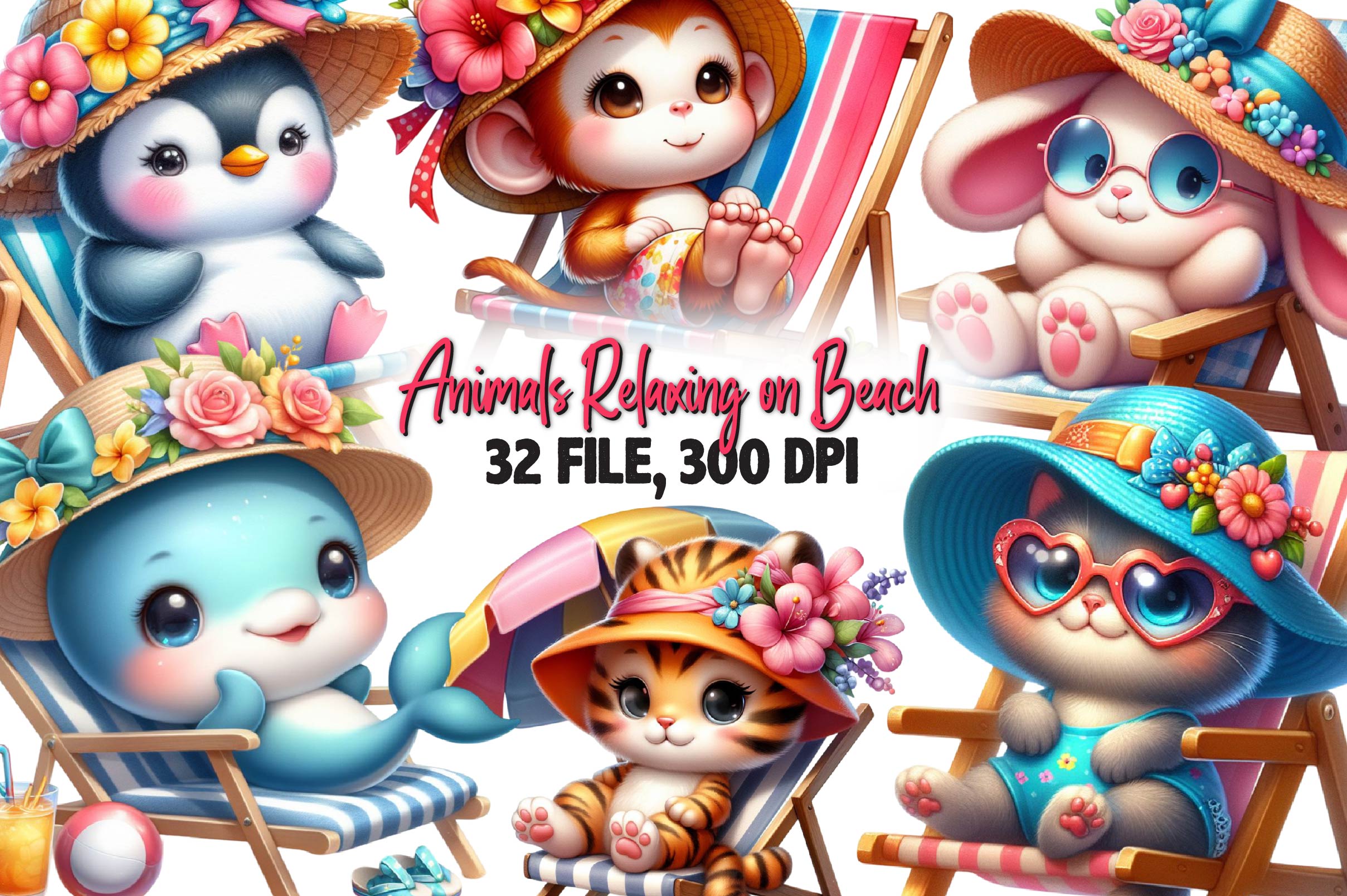 Summer Animals Relaxing On Beach Clipart Bundle