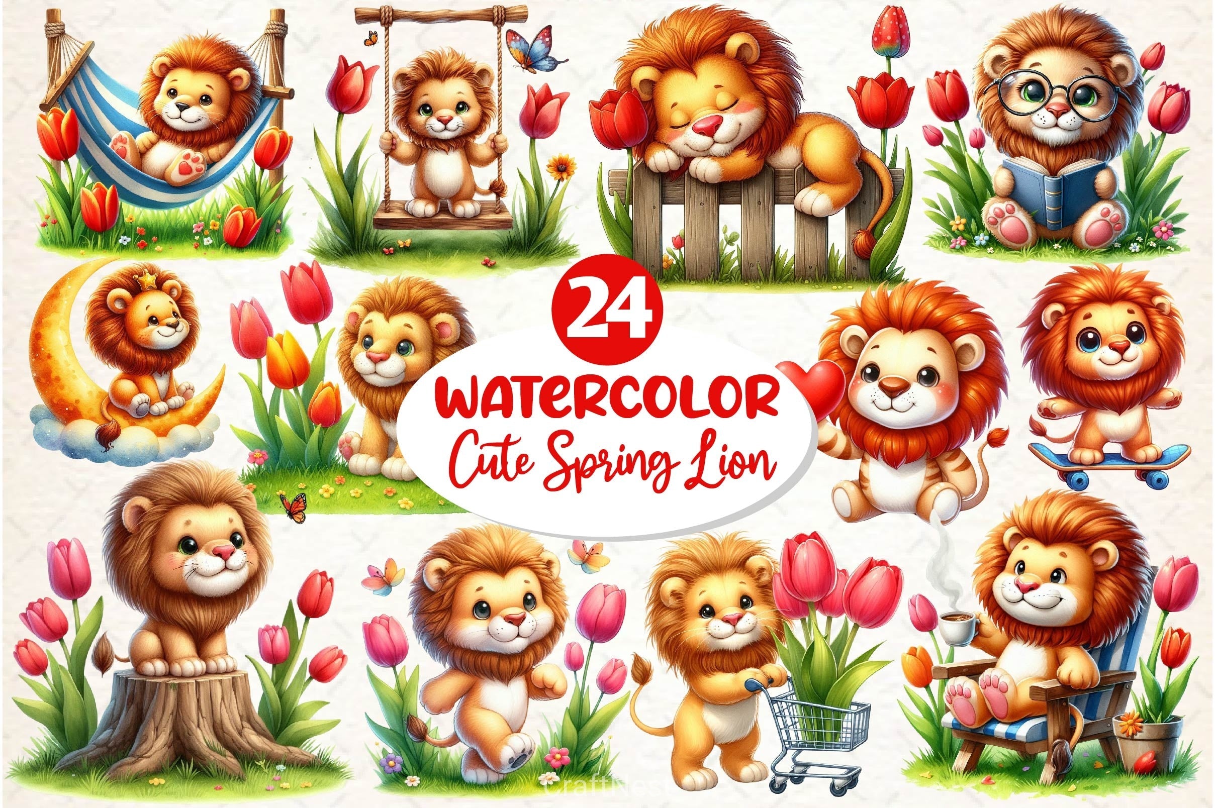 Cute Spring Lion Clipart Bundle 2