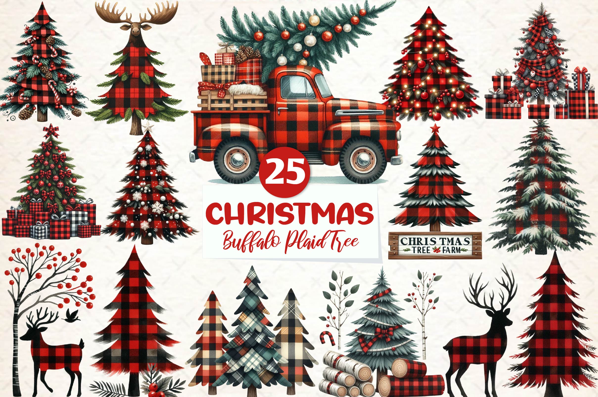 Buffalo Plaid Christmas Tree Clipart Bundle