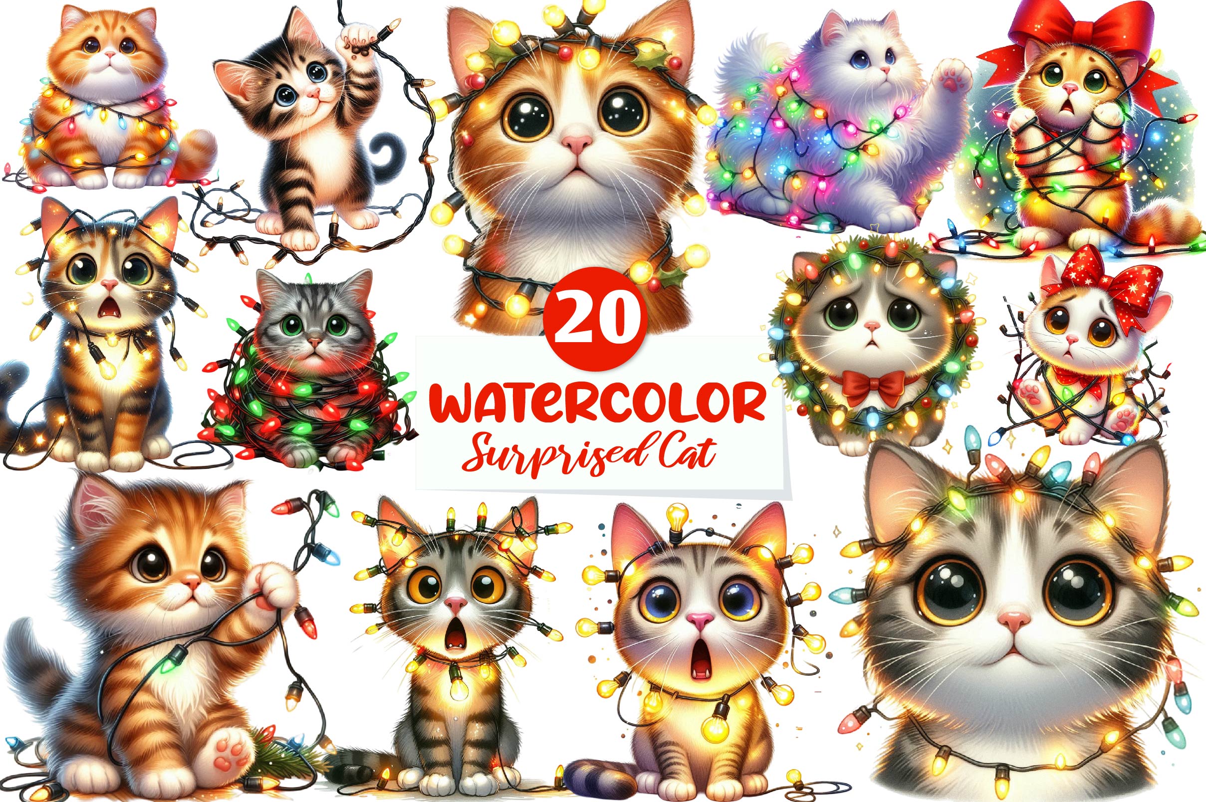 Surprised Cat Christmas Lights Clipart Bundle