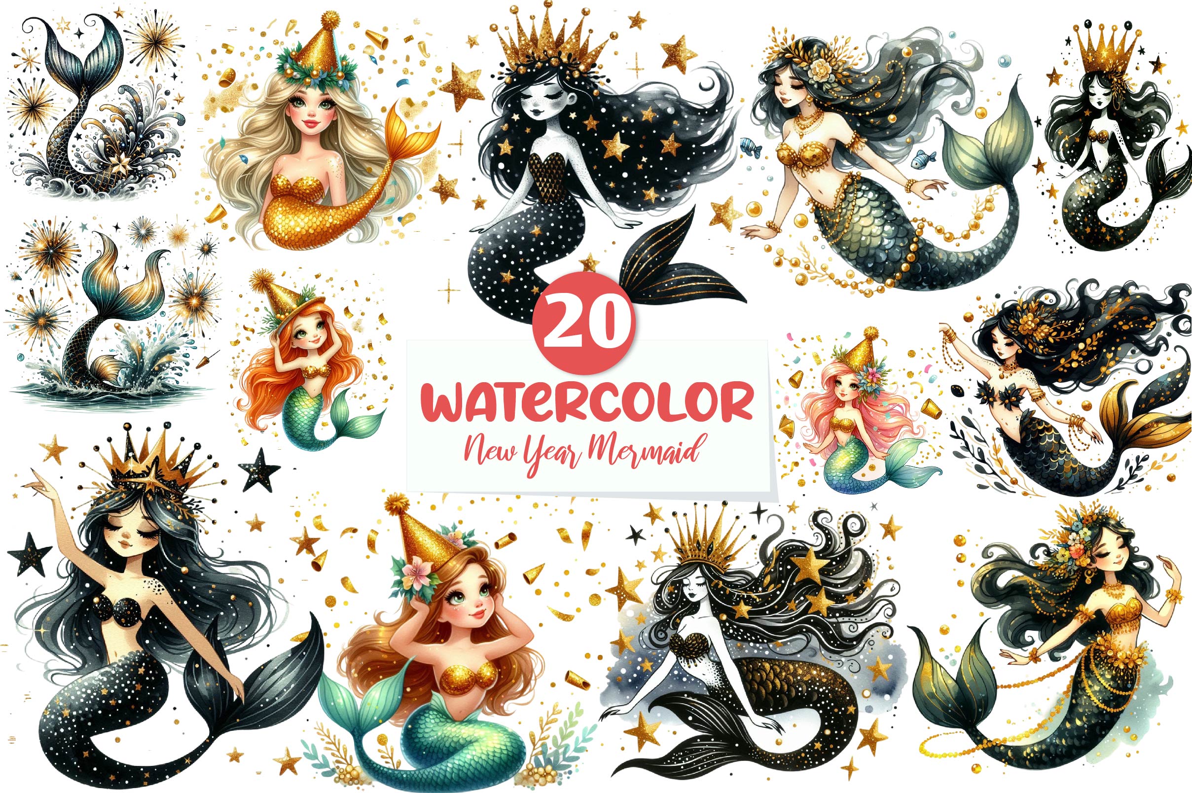 New Year Mermaid Clipart Bundle
