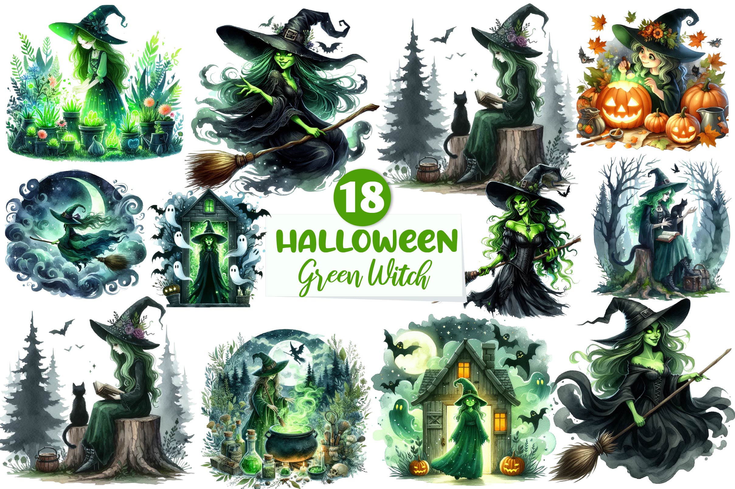Green Witch Halloween Clipart Bundle