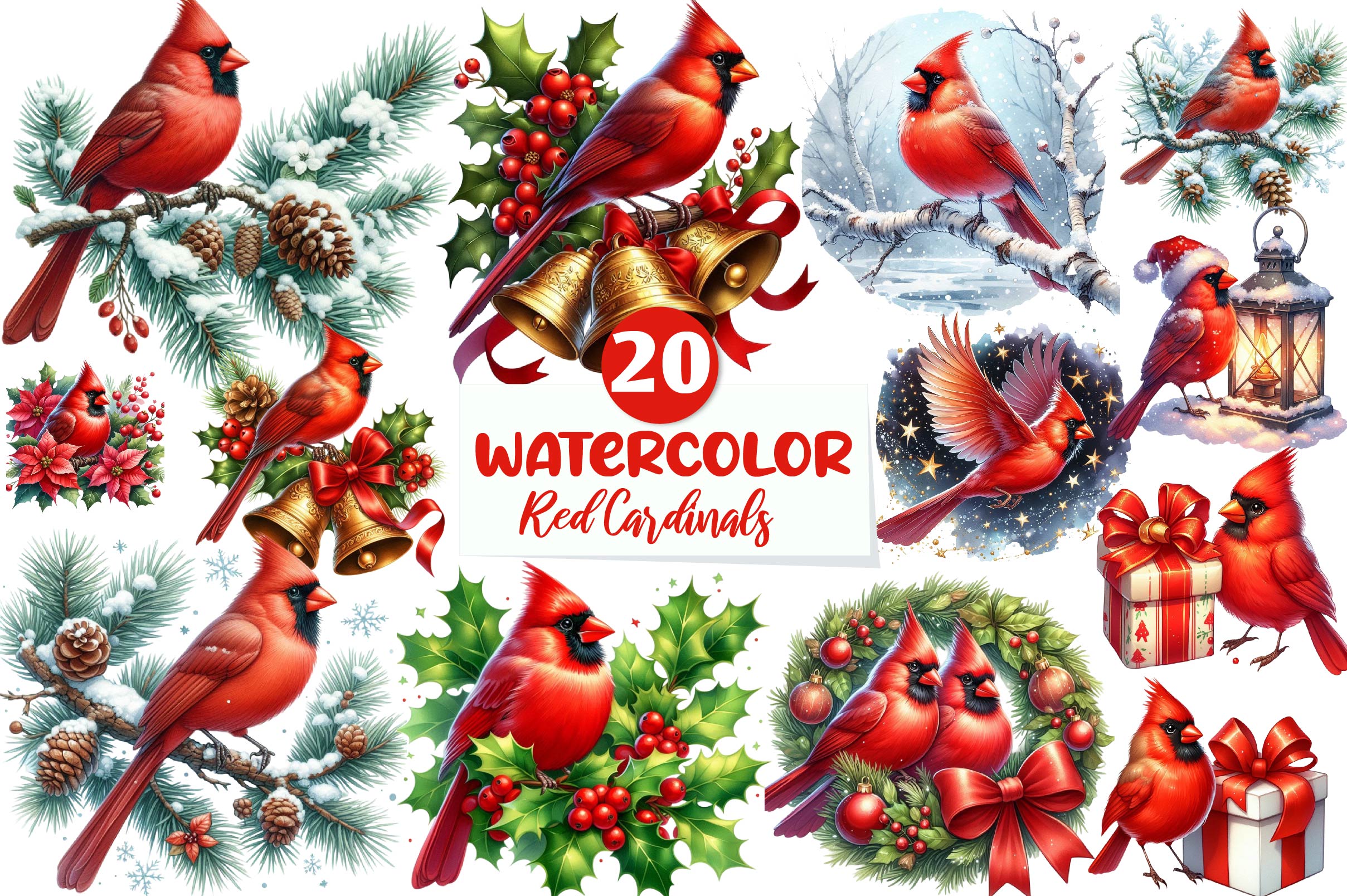 Red Cardinals Christmas Clipart Bundle