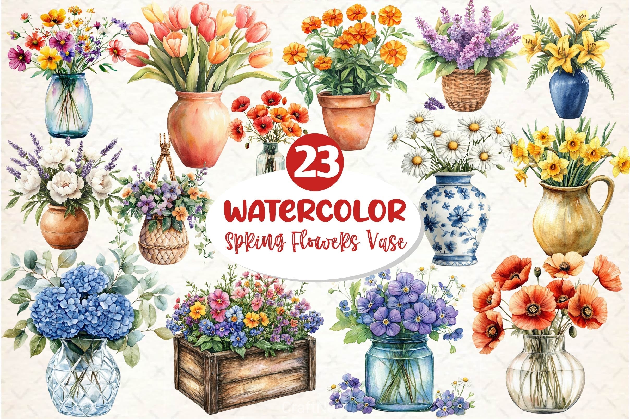 Spring Flowers Vase Clipart Bundle