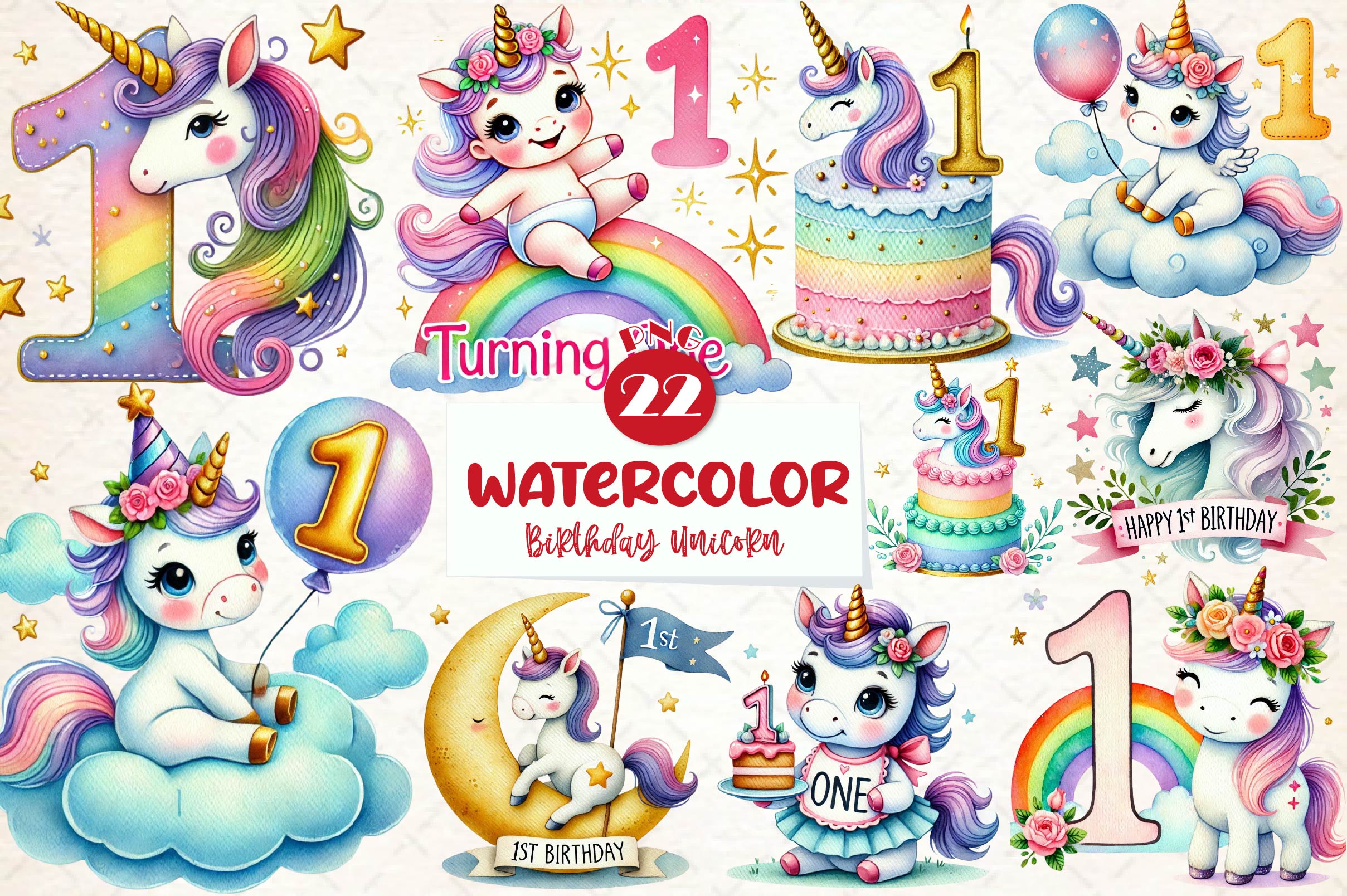 Unicorn First Birthday Party Clipart Bundle
