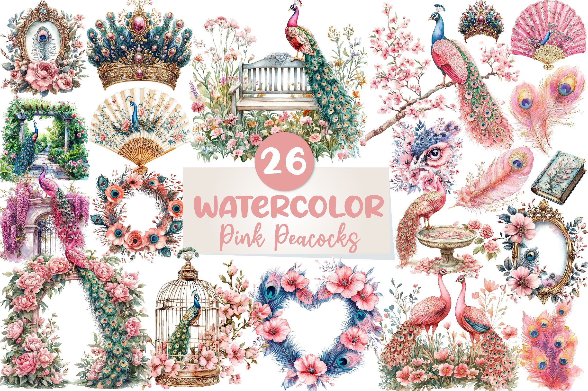 Pink Peacocks Garden Clipart Bundle