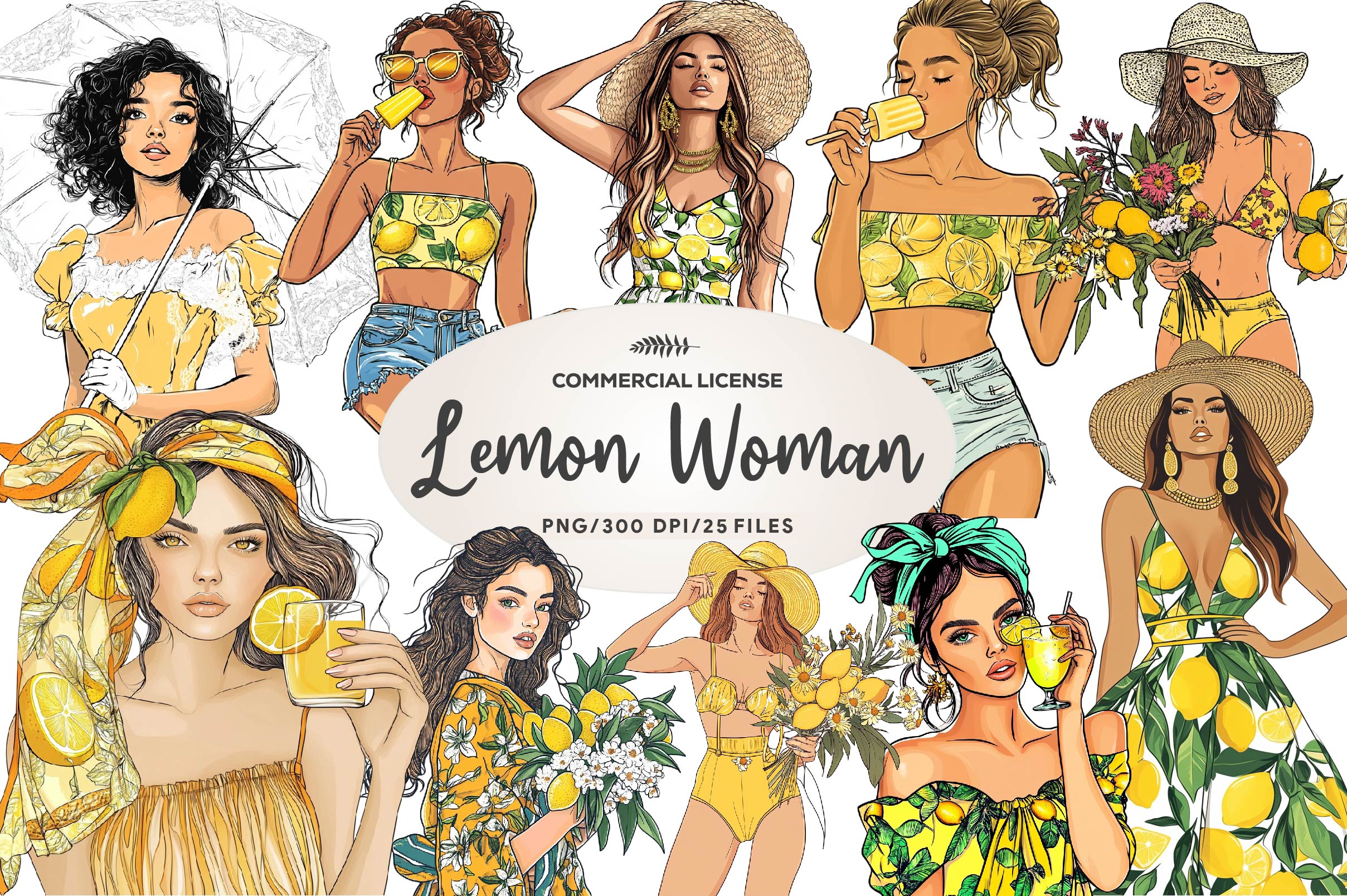 Summer Lemon Woman Clipart Bundle