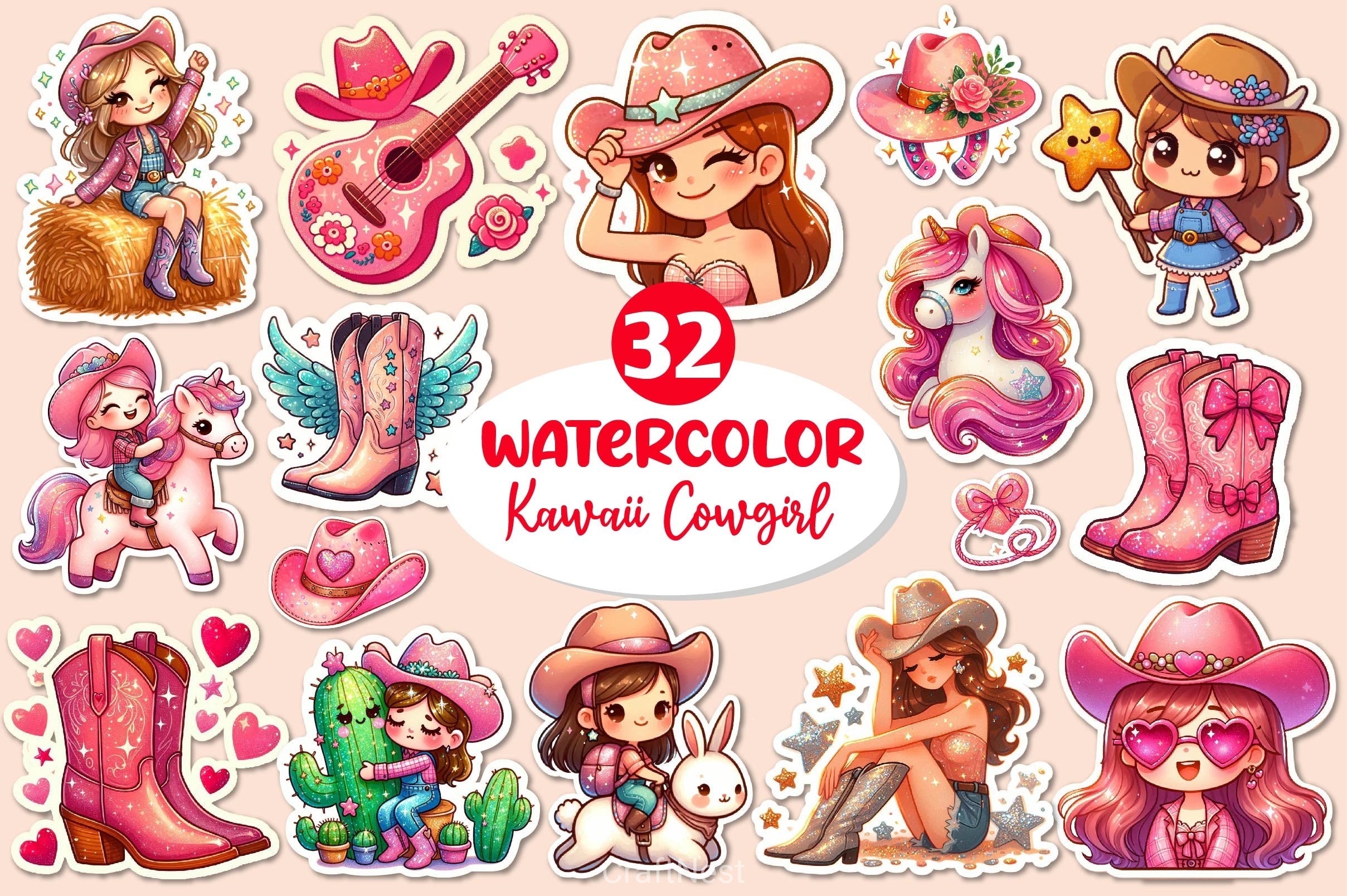 Kawaii Cowgirl Clipart Bundle